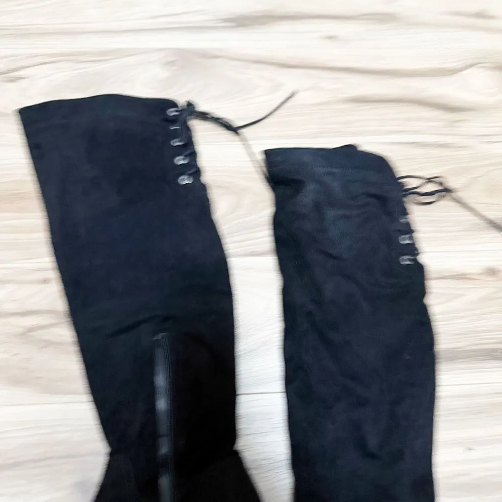 ALDO | Black Riding Style Lace Back Over Knee Tall Boots Faux Suede | Size 9 - Image 3