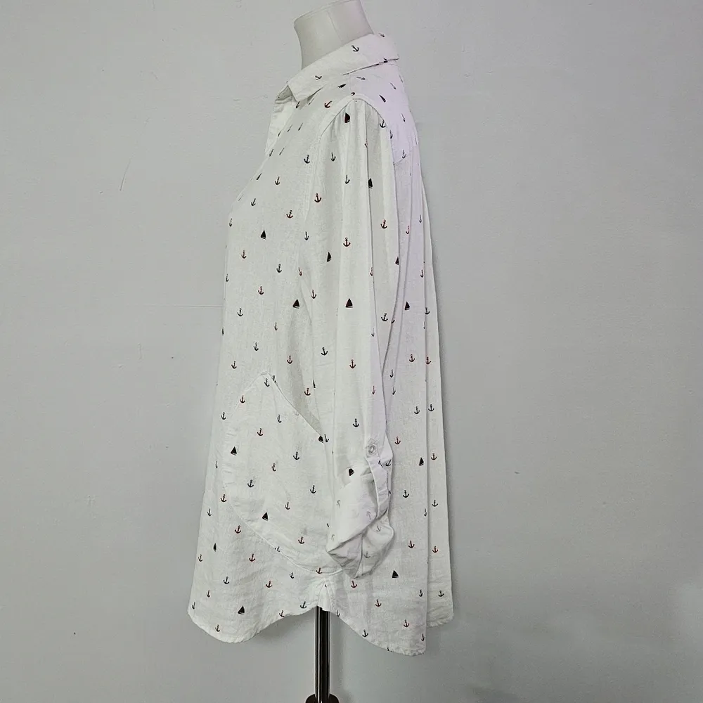 Sigrid Olsen White Anchor Print Roll Tab Linen Blend Tunic Size Medium - Image 2