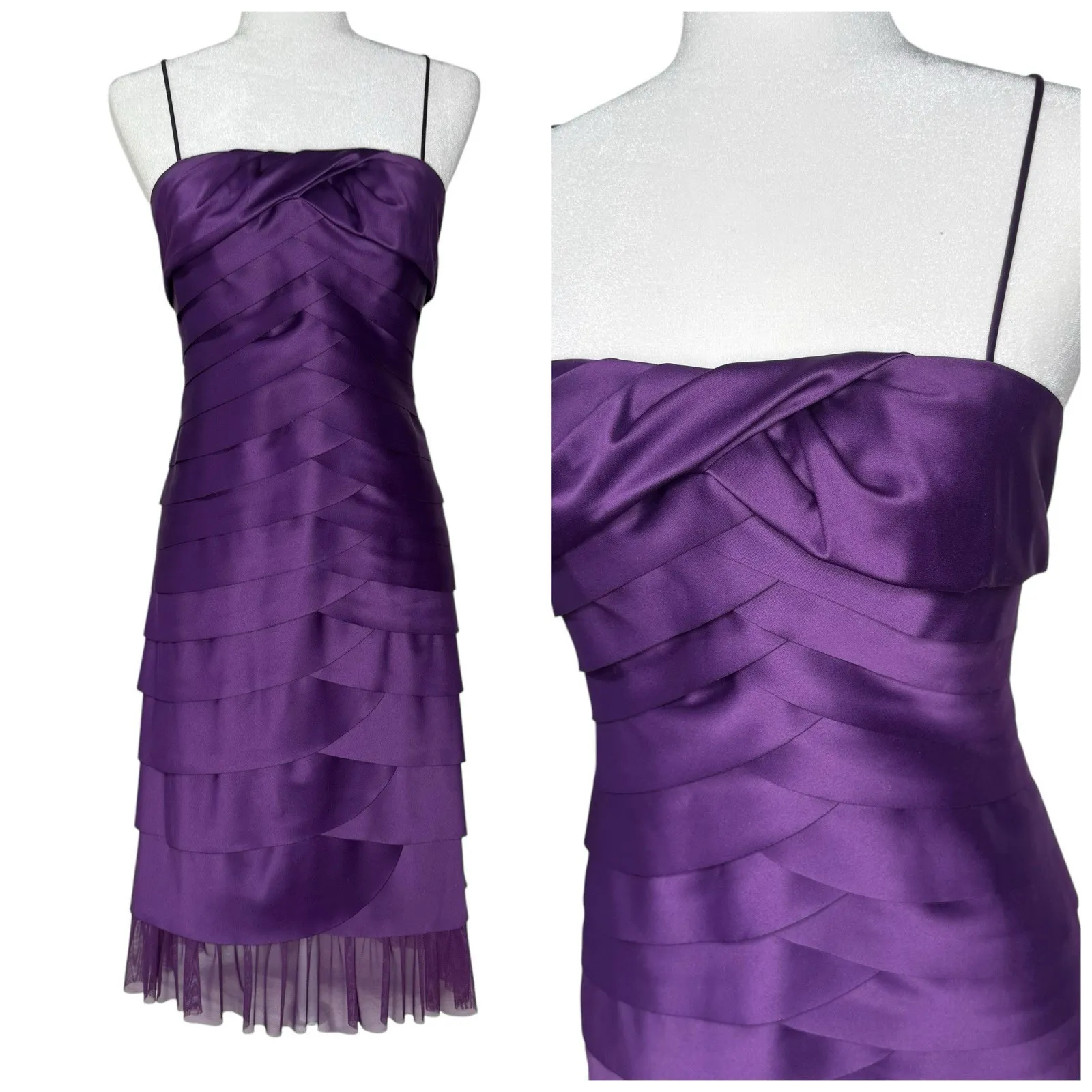 VTG Y2K JS Collection‎ Dress 6 Mermaid Scalloped Ruffle Layered Purple Satin - Image 2