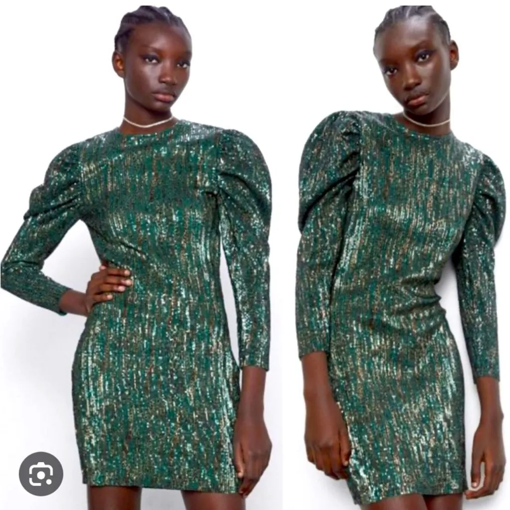 ZARA‎ Sequin Puff Long Sleeve Special Limited Edition Emerald Green & Gold Dress - Image 2