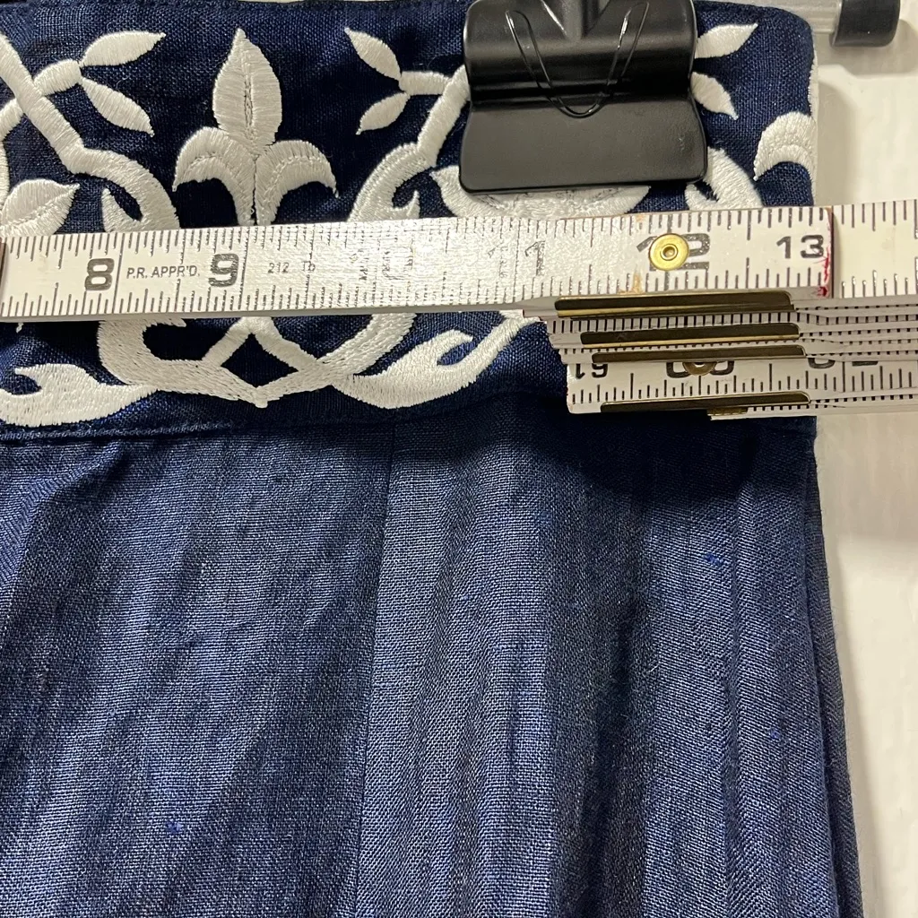 De Castro Navy Blue Mermaid Wide Leg Linen Trousers with embroidered waistband S - Image 11