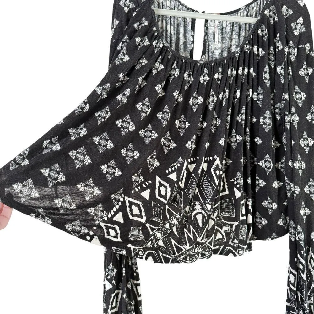 Free People Linen‎ Blend Dazed Swing Crop Top Black White Geo Print, Size Large - Image 8