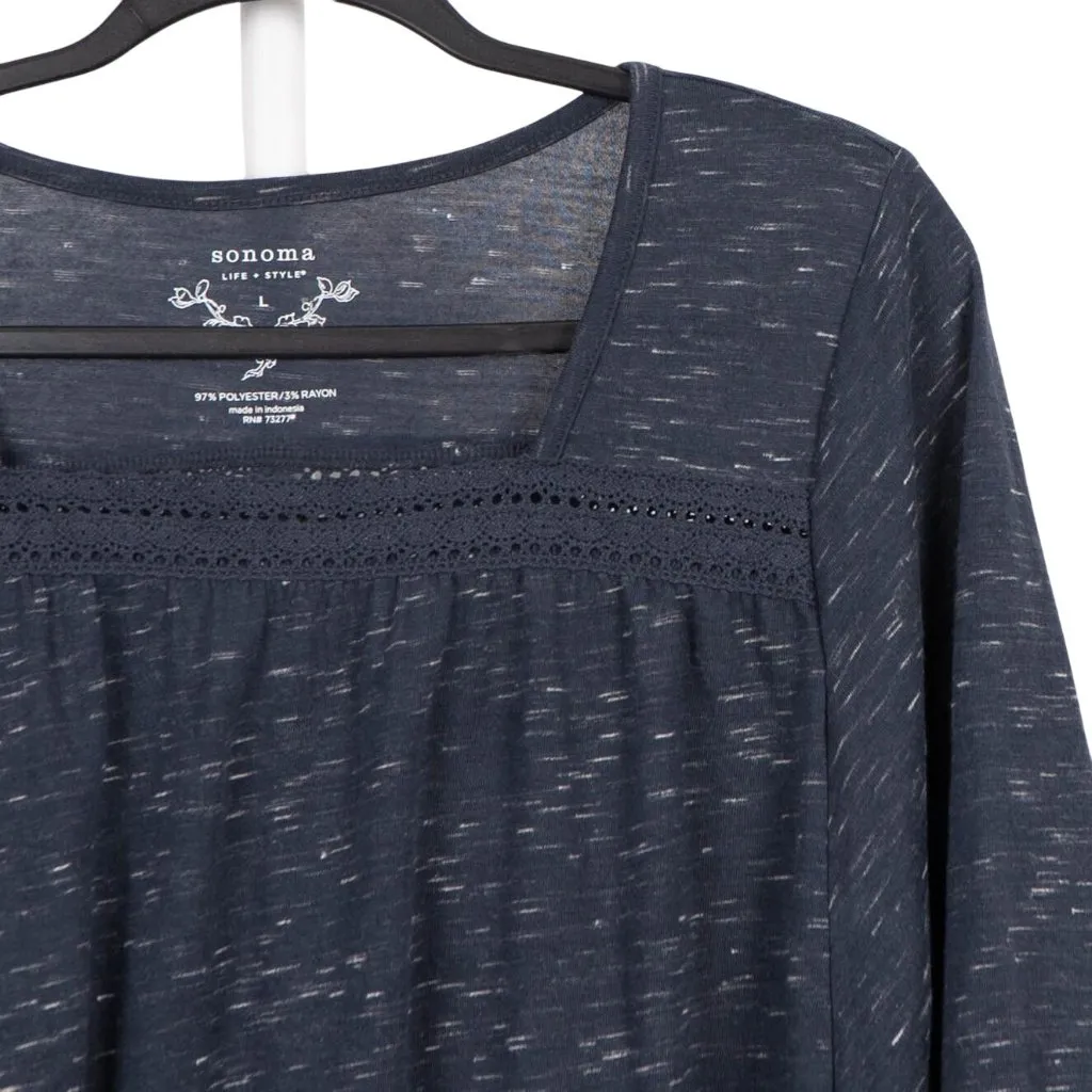 Sonoma Blouse Peasant Kimono L Womens NEW Blue Heathered Crochet Yoke Loose Fit - Image 2