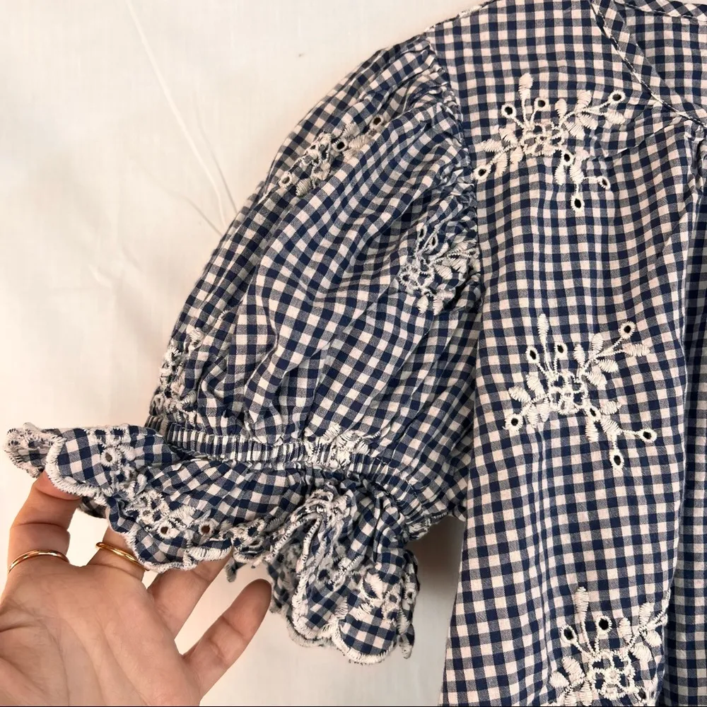 Broadway 38 Gingham Floral Embroidered Eyelet Crop Blouse Ruffle Sleeve Womens S Blue - Image 2