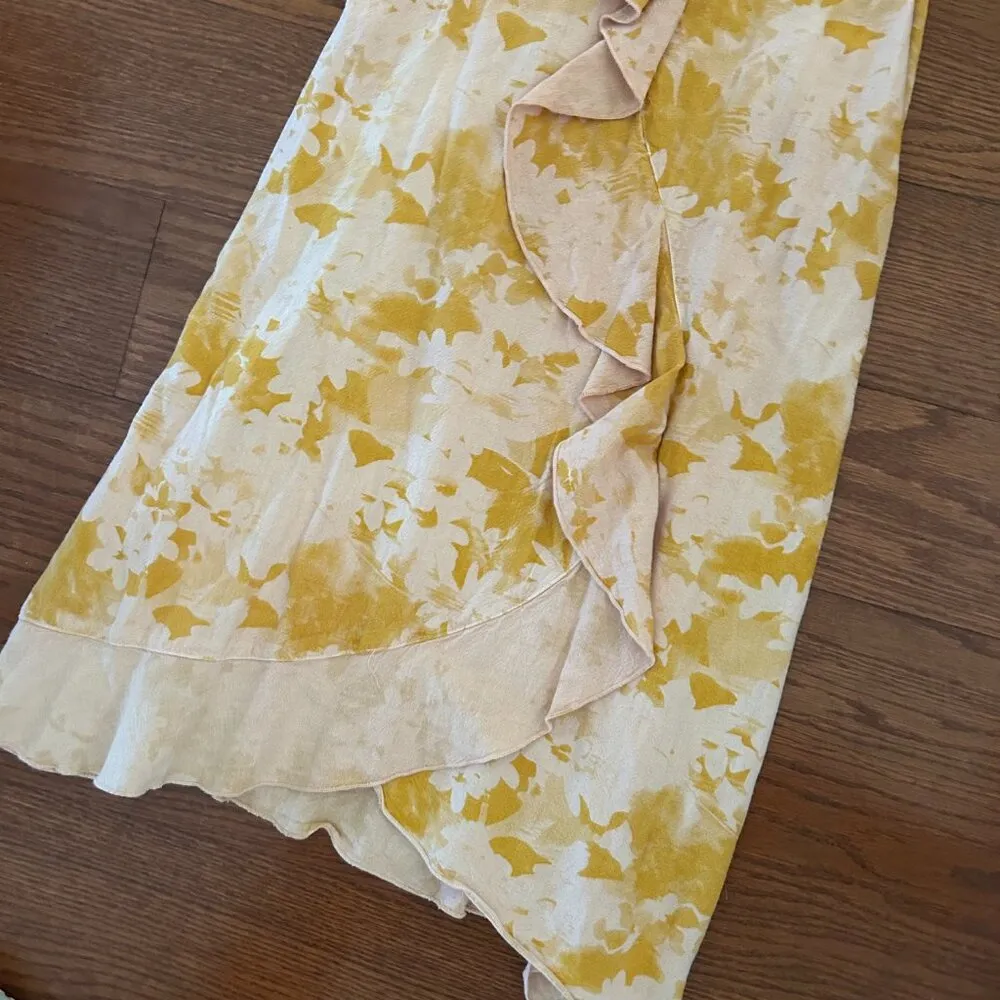 Self Contrast Linen Blend Flounce Detail Mini Slip Dress Size XS Ruffle Hem Yellow - Image 4