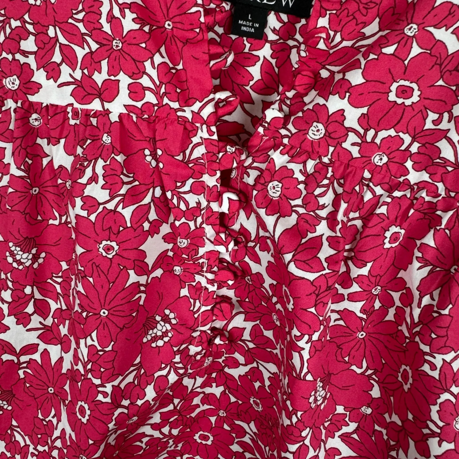 J Crew Button Front Ruffle Neck Popover Blouse Sz Large Blushing‎ Meadow Poplin - Image 2