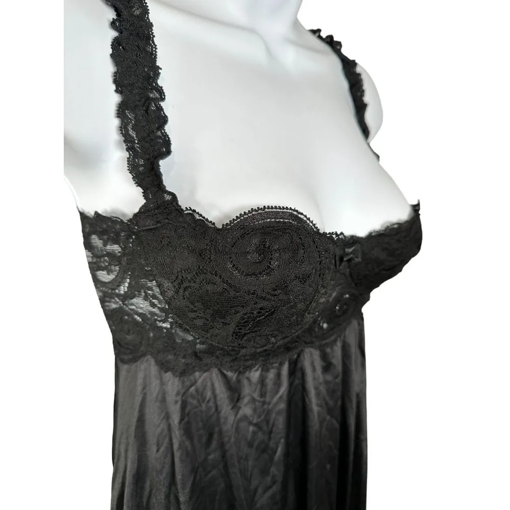 Vintage OLGA Nightgown Black 32 Full Length Underwire Lace Bra 92240 Nylon - Image 10