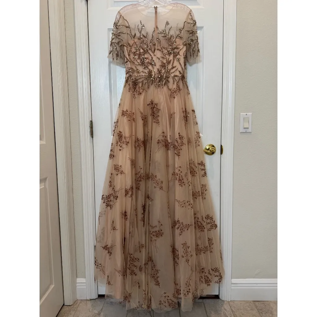 NWT Mac Duggal 79317 Pink Embellished Illusion Short Sleeve A Line Gown Size 6 - Image 5