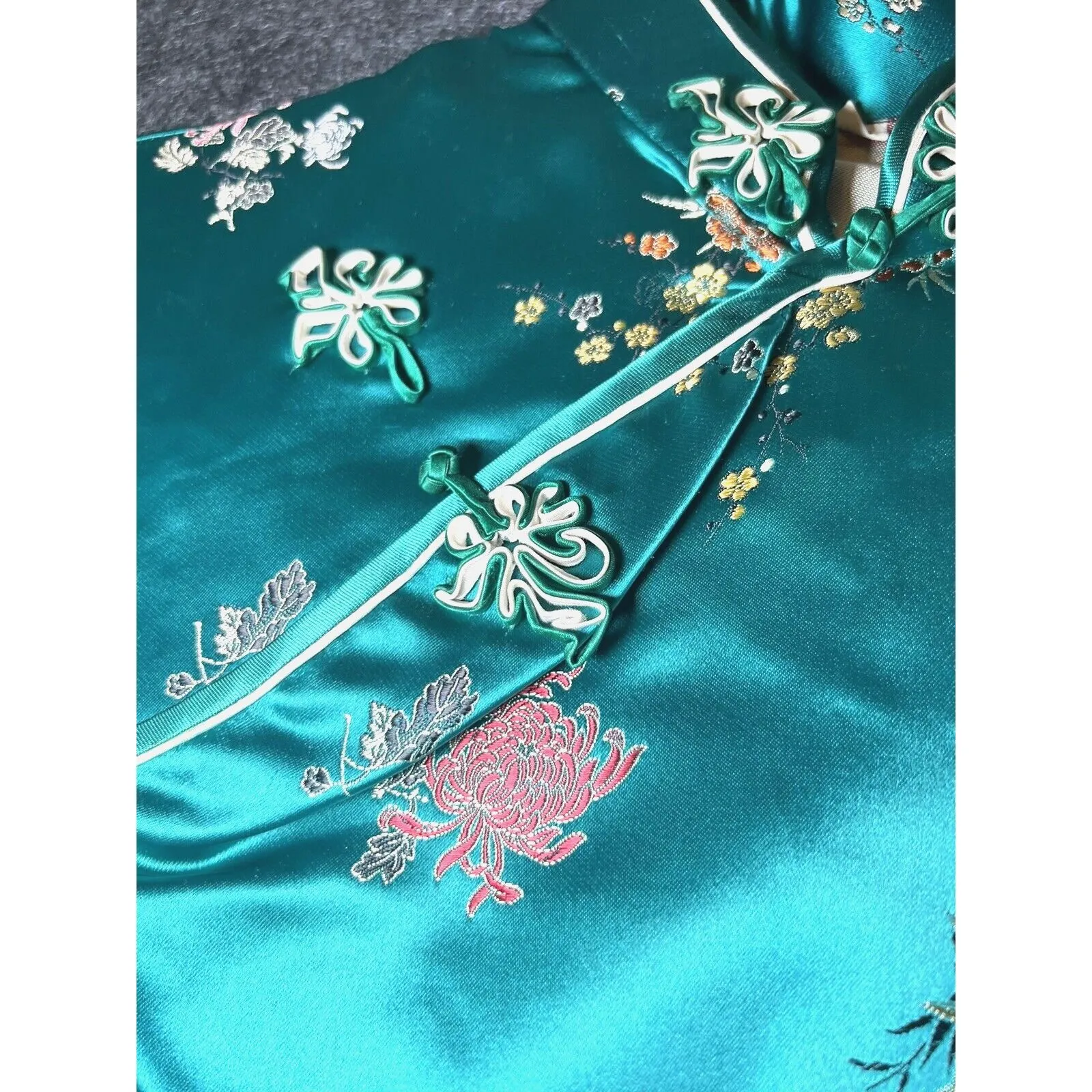 Japan Kimono Chinese Cheongsam Green Satin‎ Oriental Womens Size 40 Zip Vintage - Image 4
