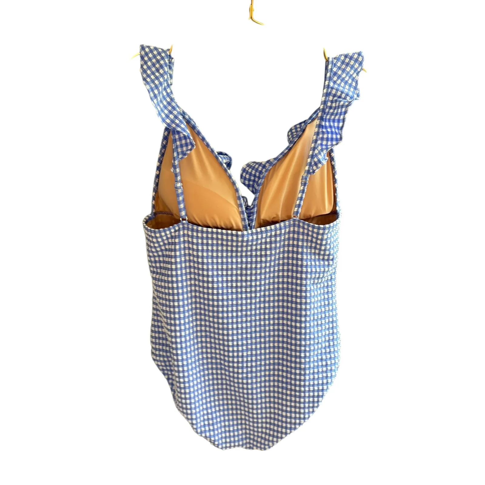 J Crew v-neck ruffle adjustable‎ strap one piece swimsuit. Blue/white Gingham XL - Image 5