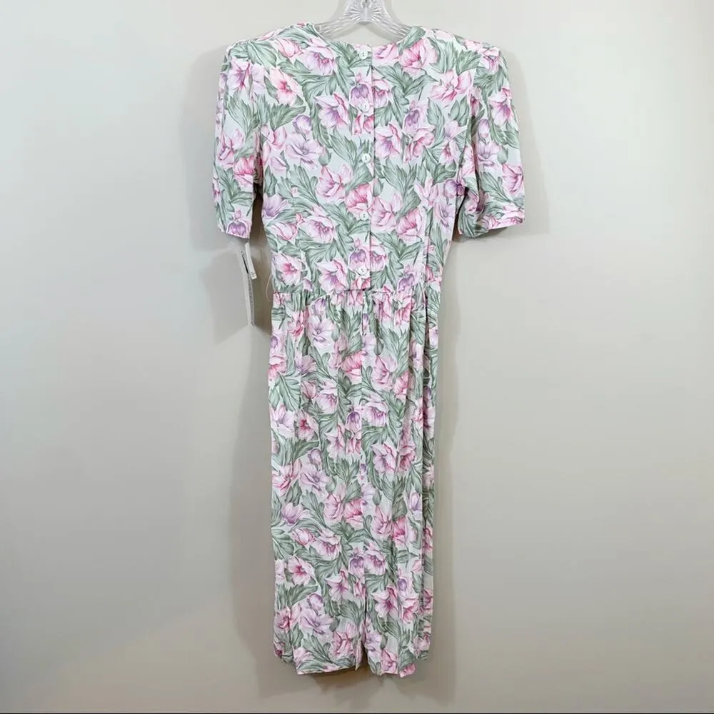 Vintage Floral Midi Pink/Green Short Sleeve Dress Green Size 14 - Image 4