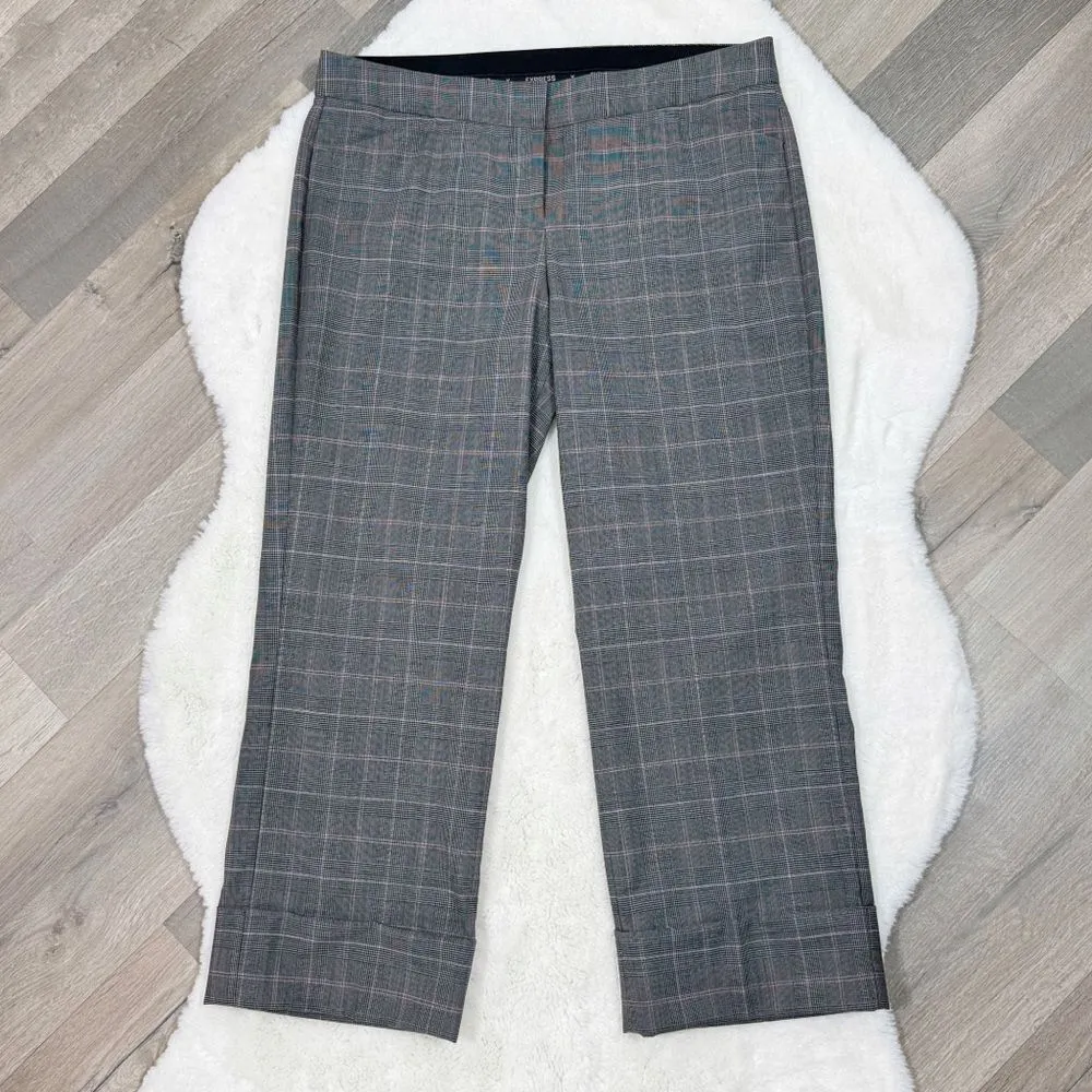 Express Editor Glen Check Plaid Straight Leg Cuffed Crop Dress Pants Grey Pink 8 - Image 3