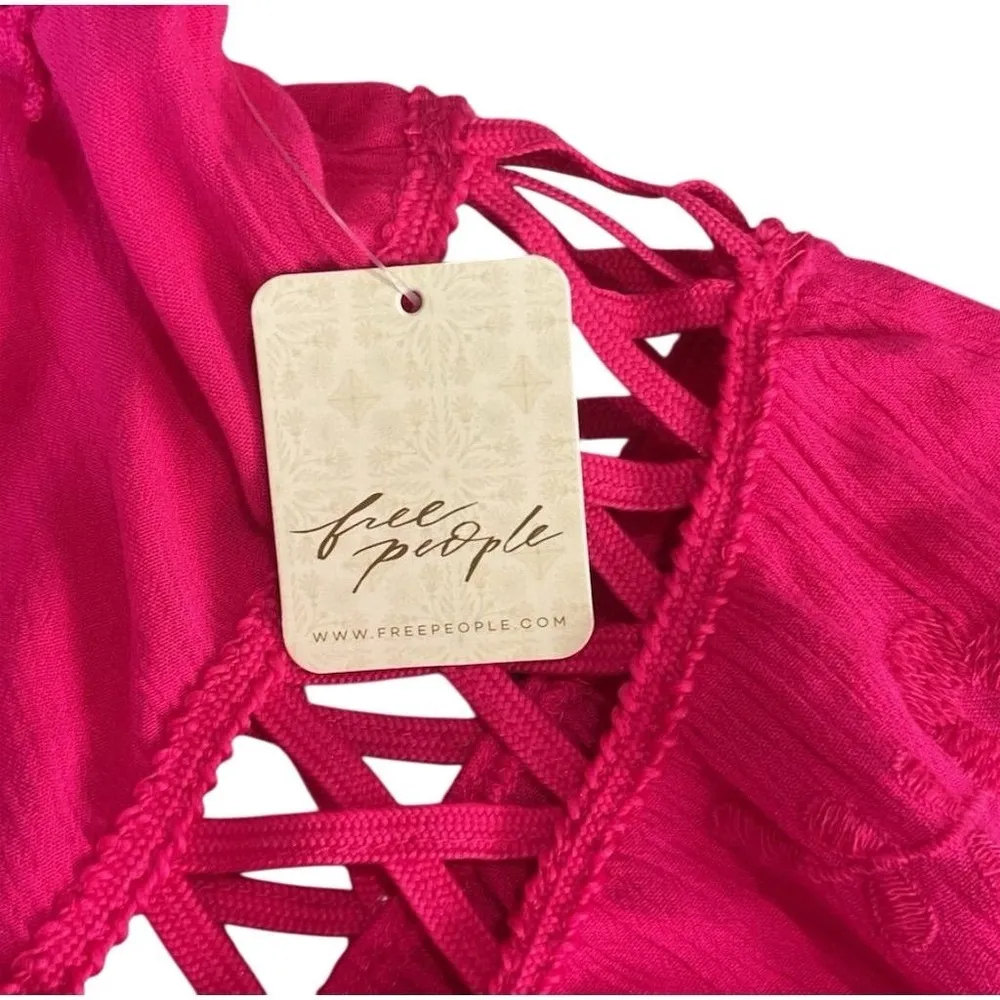 Free People MARISSA Viscose Fabric Hot Pink Boho Dress Lattice Cutout Large NWT - Image 10