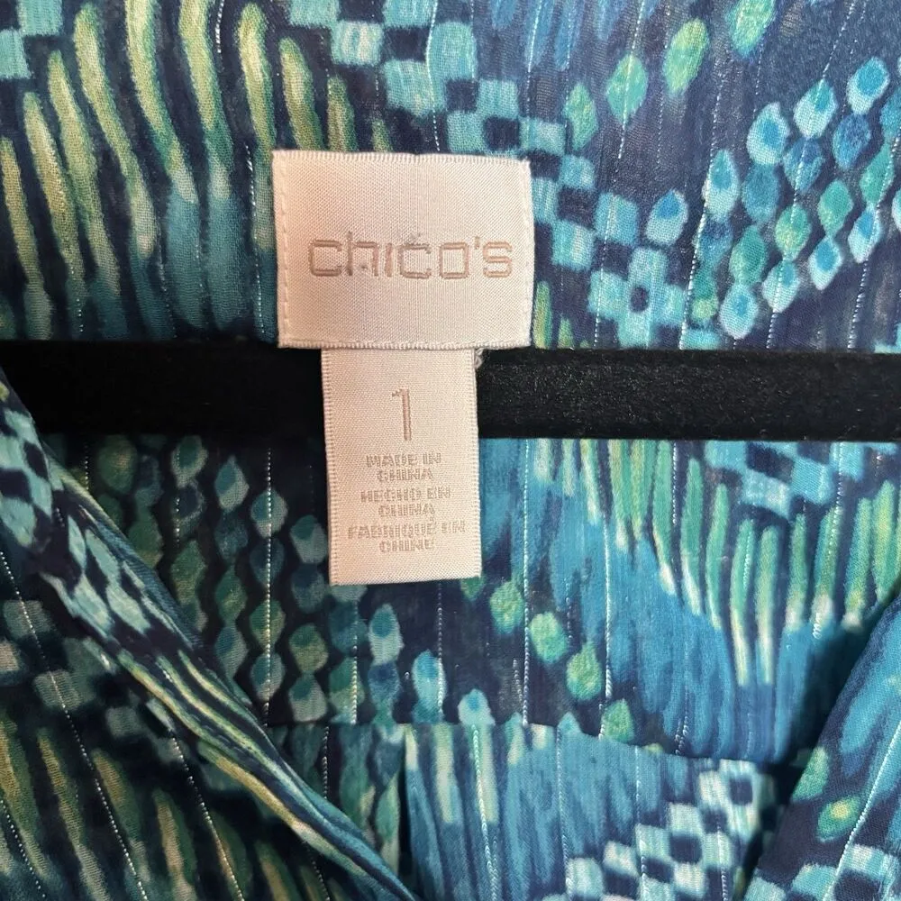 CHICOS Top Womens 1 Medium Blue Multicolor Chevron Metallic Art To Wear Blouse - Image 7