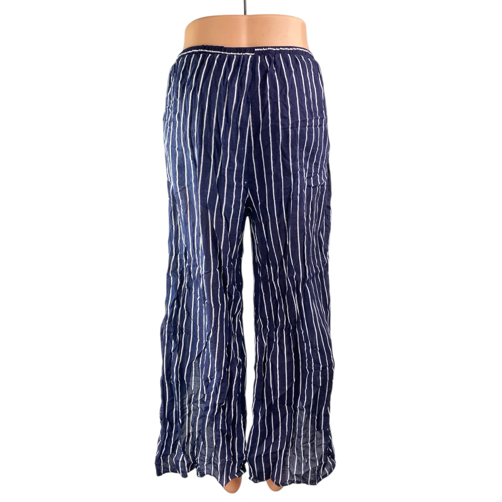Aqua Blue Striped Tassel High Waist Split Wide Leg Palazzo Trousers Pants Size S - Image 2