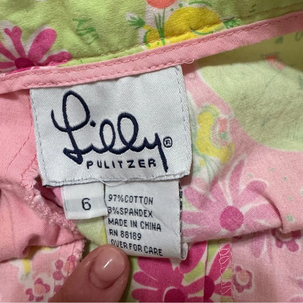 Vintage White Tag Lilly Pulitzer Pink and Green Floral High Waist Shorts - Image 6