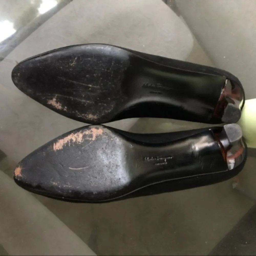 Salvatore Ferragamo Heels 7B Black Nero Suede Turtle Shell Brown - Image 8