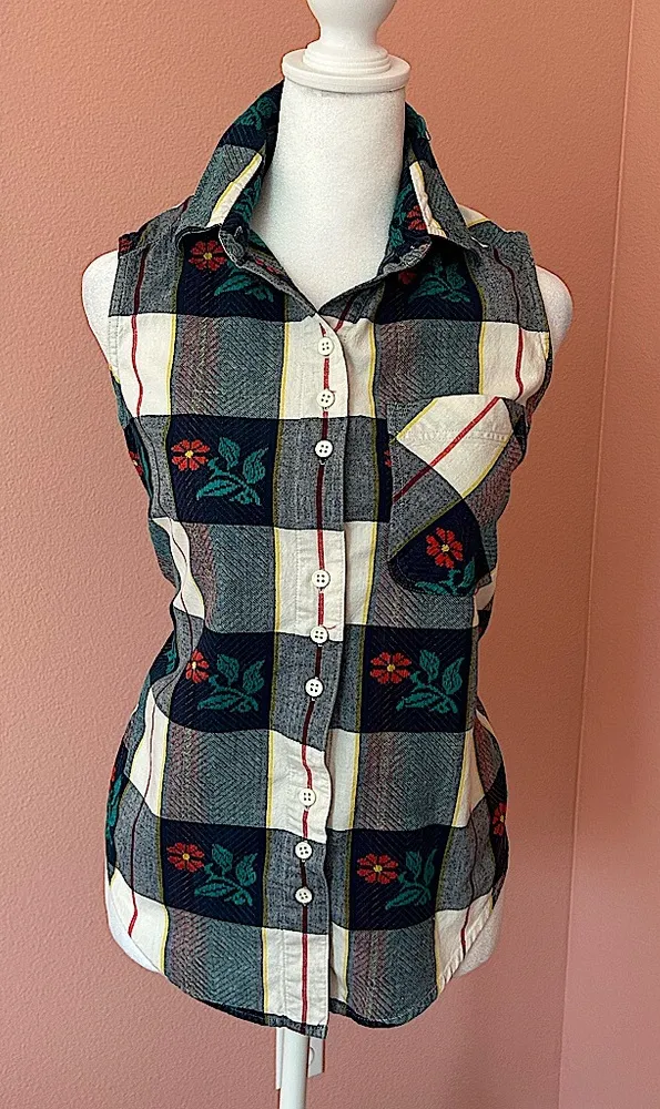 Vintage Cabin Creek plaid and floral grannycore button down collared tank S pet - Image 1