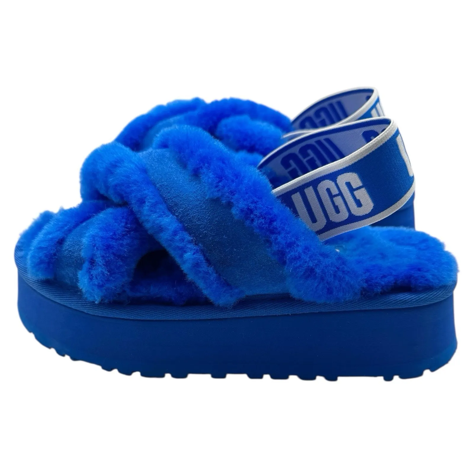 UGG Disco Cross Slide Sandals Blue Fluffy Fur Platform Shoes Women’s Size 5 - Image 2