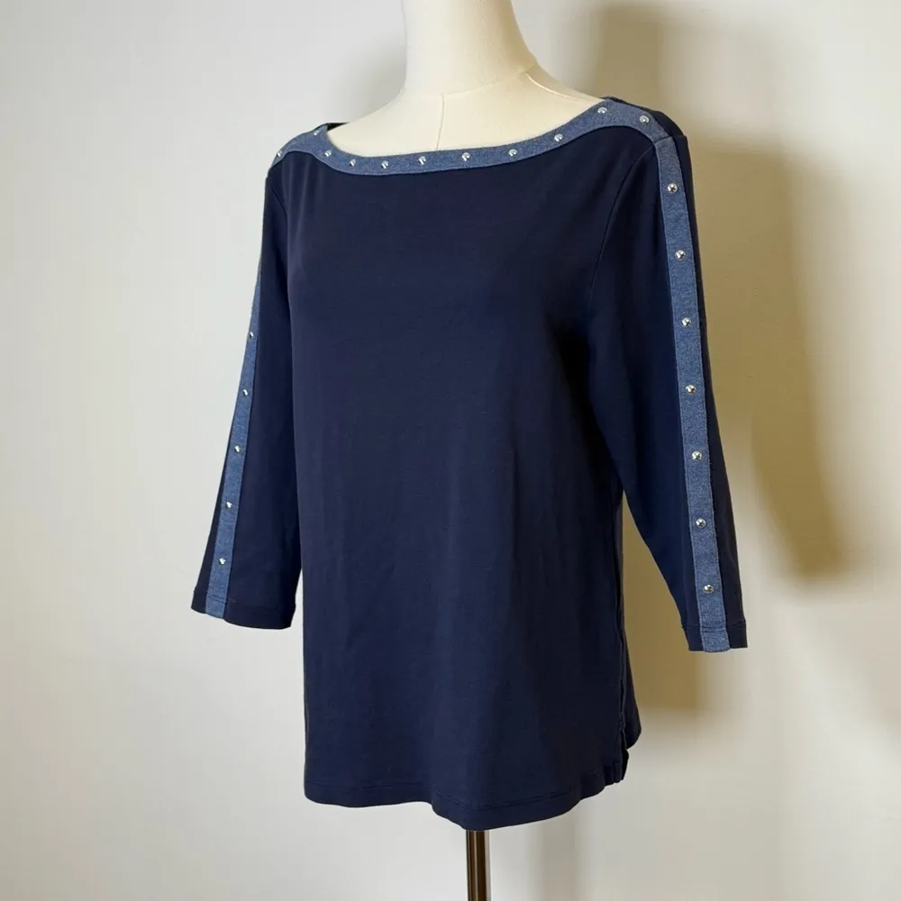 Karen Scott Studded Boat Neck Cotton Top Navy 3/4 Sleeve Women’s Petite Large - Image 2