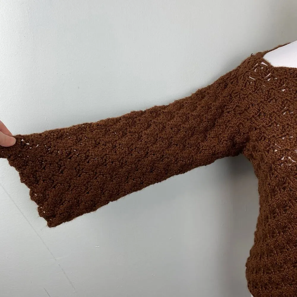 Handmade Chocolate Brown Boho Crochet Bell Sleeve Sweater Size M - Image 7