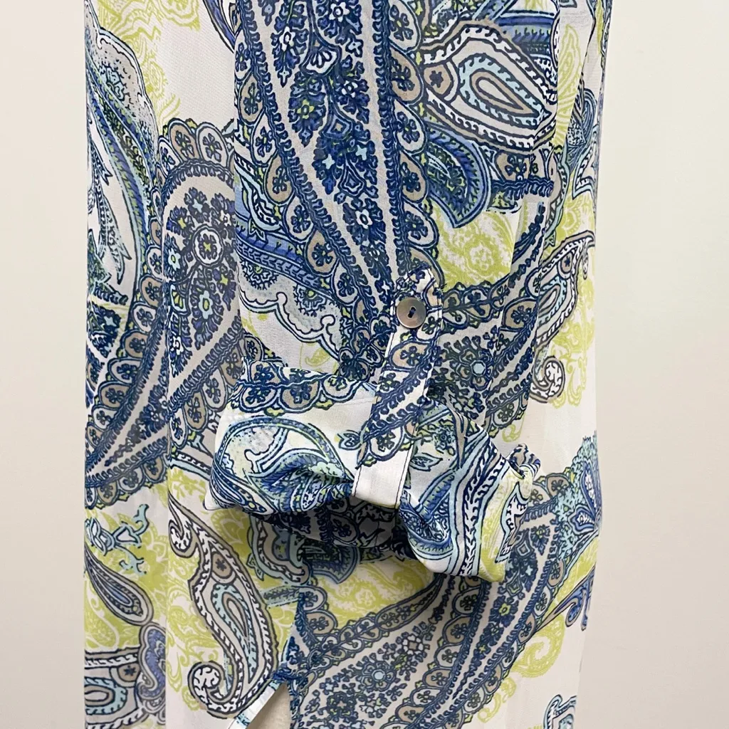 Chicos White Blue Arielle Sheer Paisley Roll Tab V Neck Tunic 0 Small Oversized - Image 6