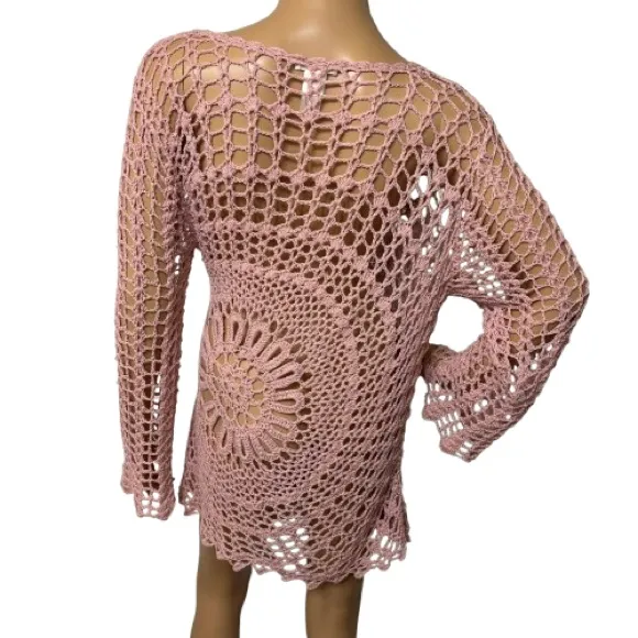 Venus Pink Boho Hippy Crochet Bathing Suit Cover Up Size L - Image 3