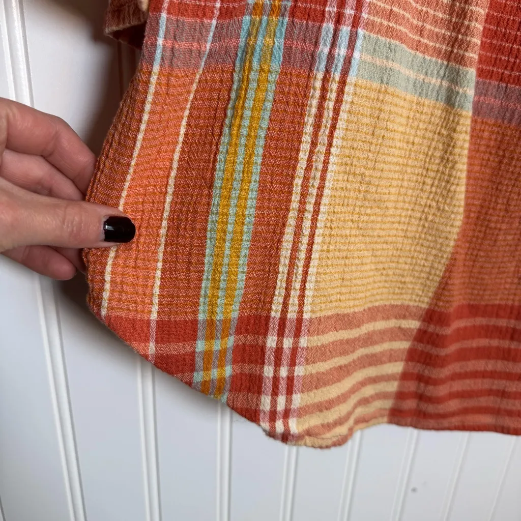 beachlunchlounge Naomi Orange Plaid Cotton Ruffle Blouse Women’s Size Large - Image 4