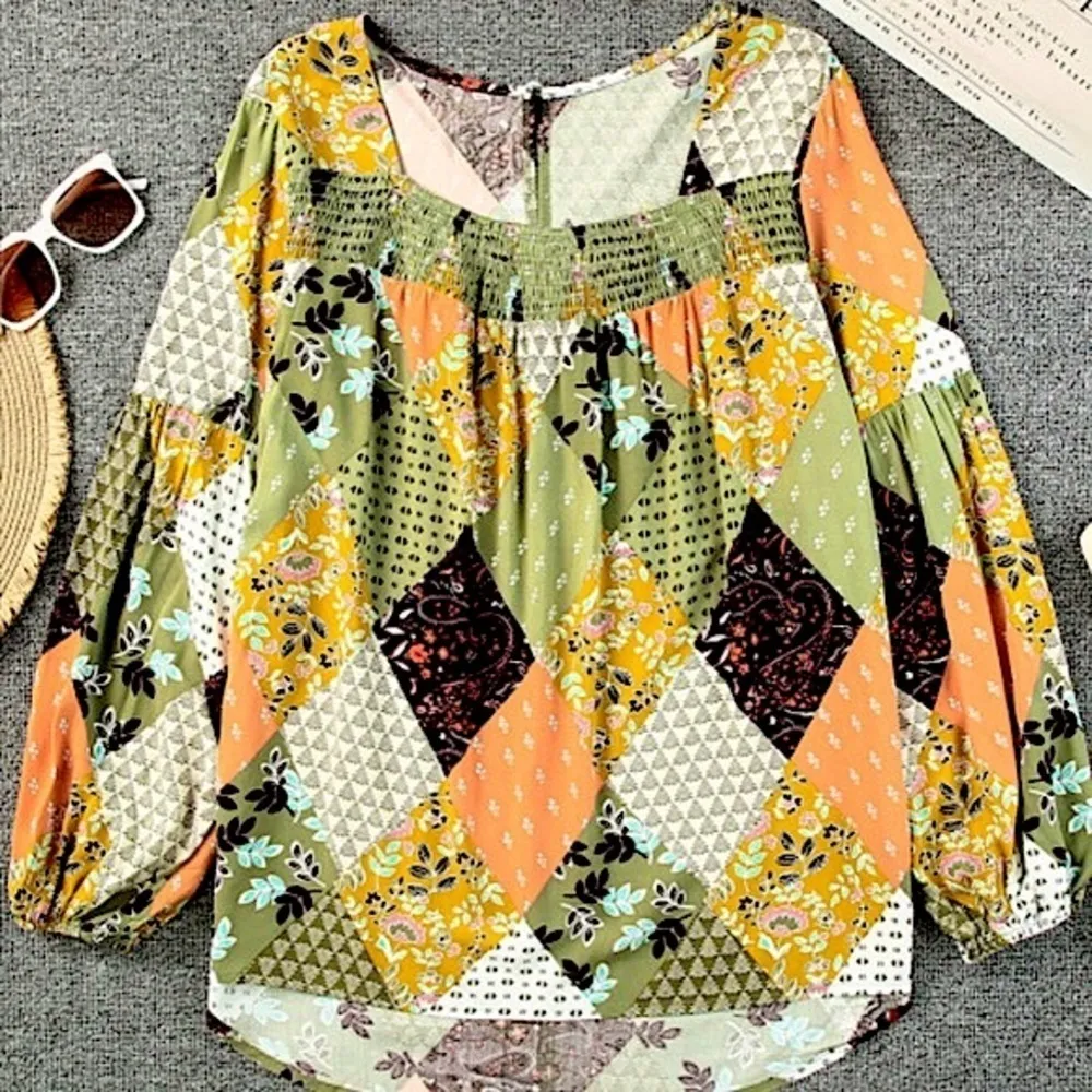 Patchwork Print Mixed Boho Floral Tunic Length Lantern Sleeve Blouse NEW - Image 7