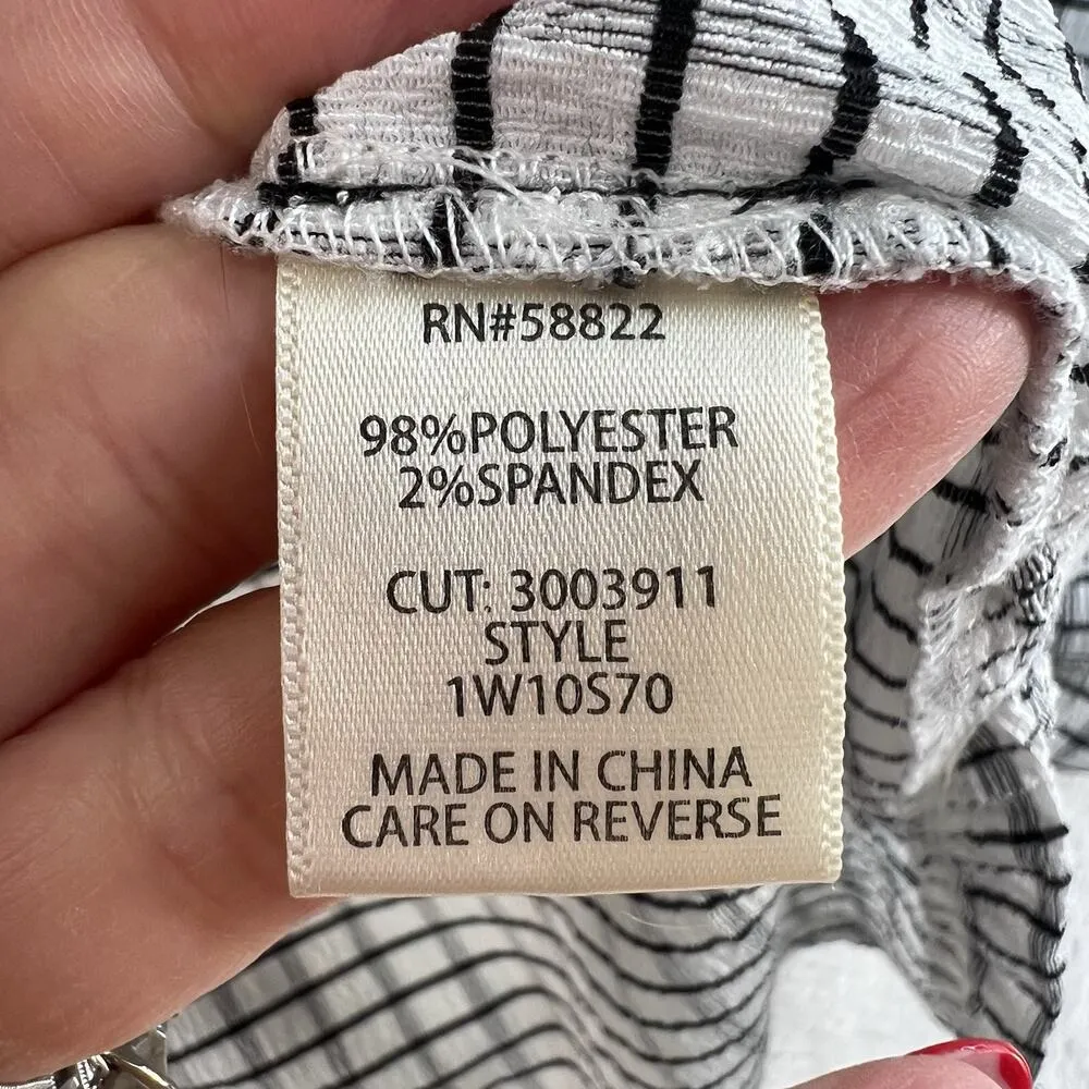 Max Studio 1X Top V-Neck Blouse Tie Neck Crepe White Black Plaid 3/4 Sleeve - Image 8