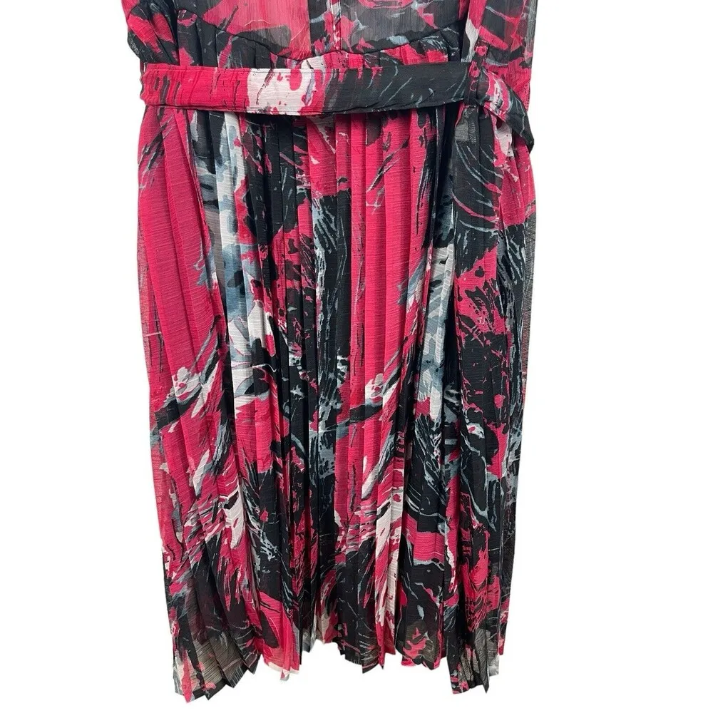 Swak Sleeveless Sheer Lined Midi Red Floral Flowy Button Top Pleated 5x Dress - Image 5