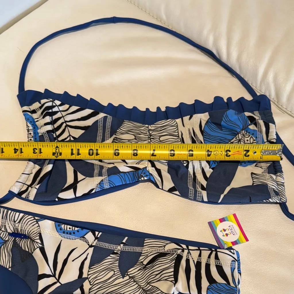 Women small reversible Blue and White Patterned tropical palms Bikini Set - Image 7