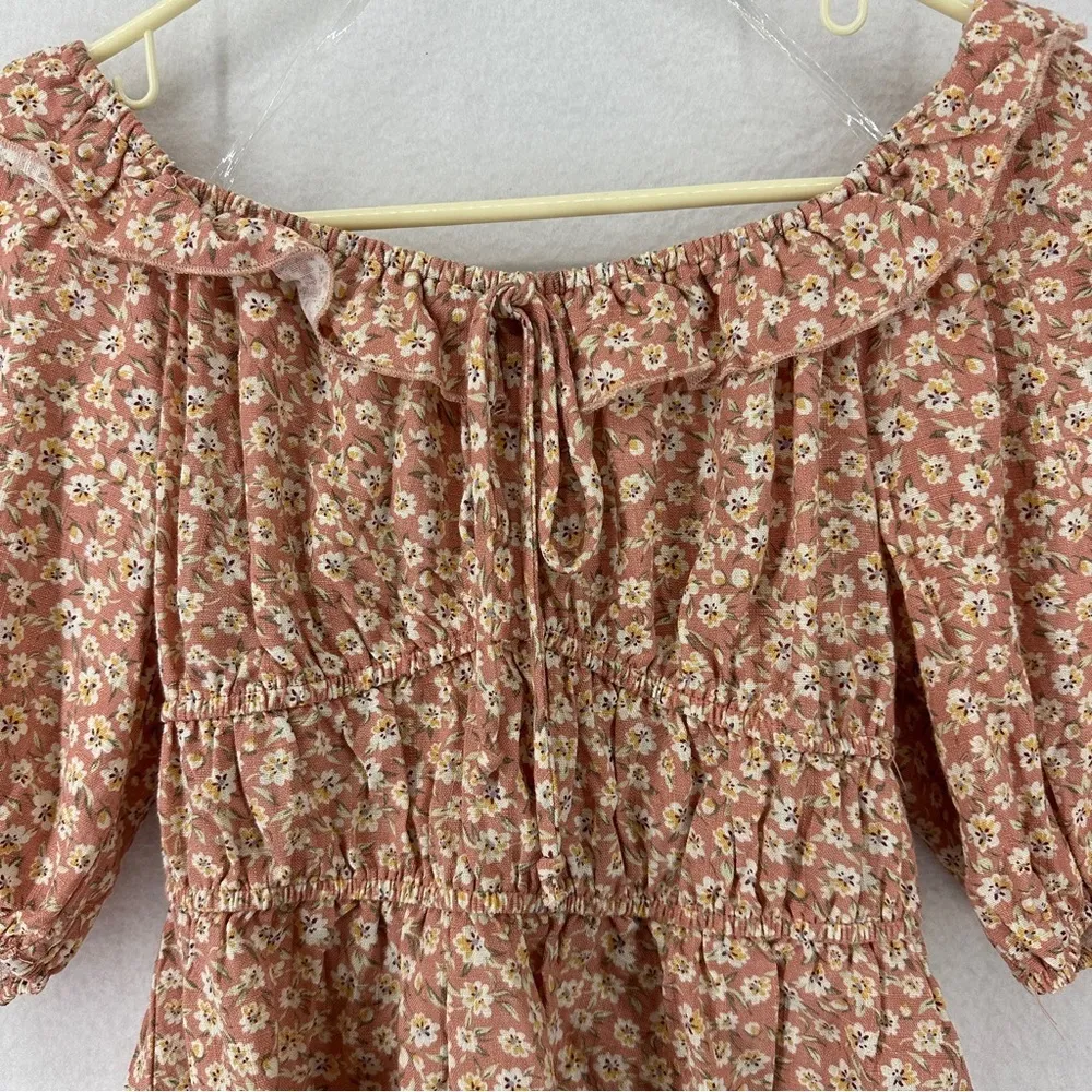NEW Emelia Ruffle Puff Short Sleeve Floral Linen Blend Top Blouse M Pink Size M - Image 3