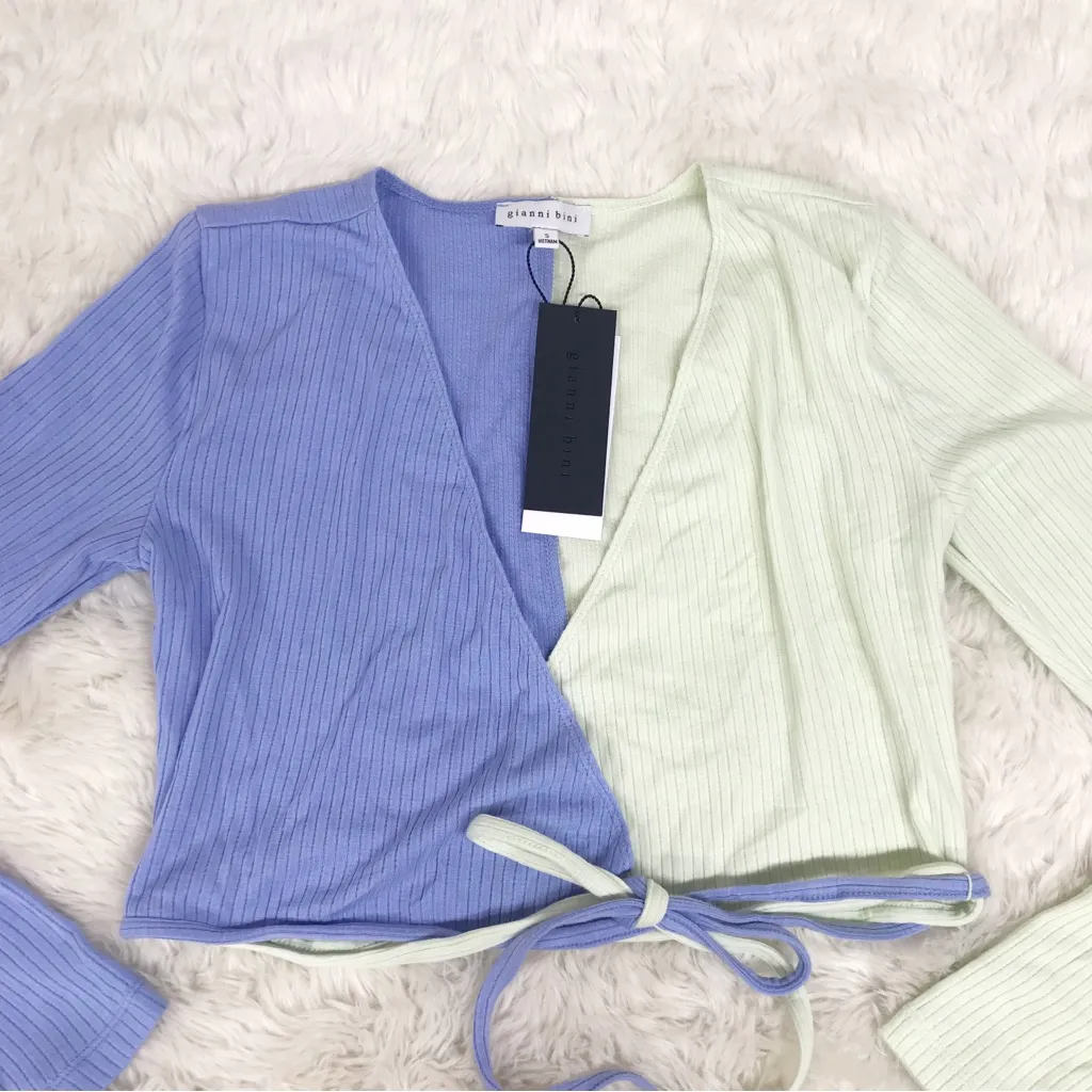 GIANNI‎ BINI Y2K Style Colorblock Wrap Crop Top Long Sleeve Blue Green Small New - Image 5