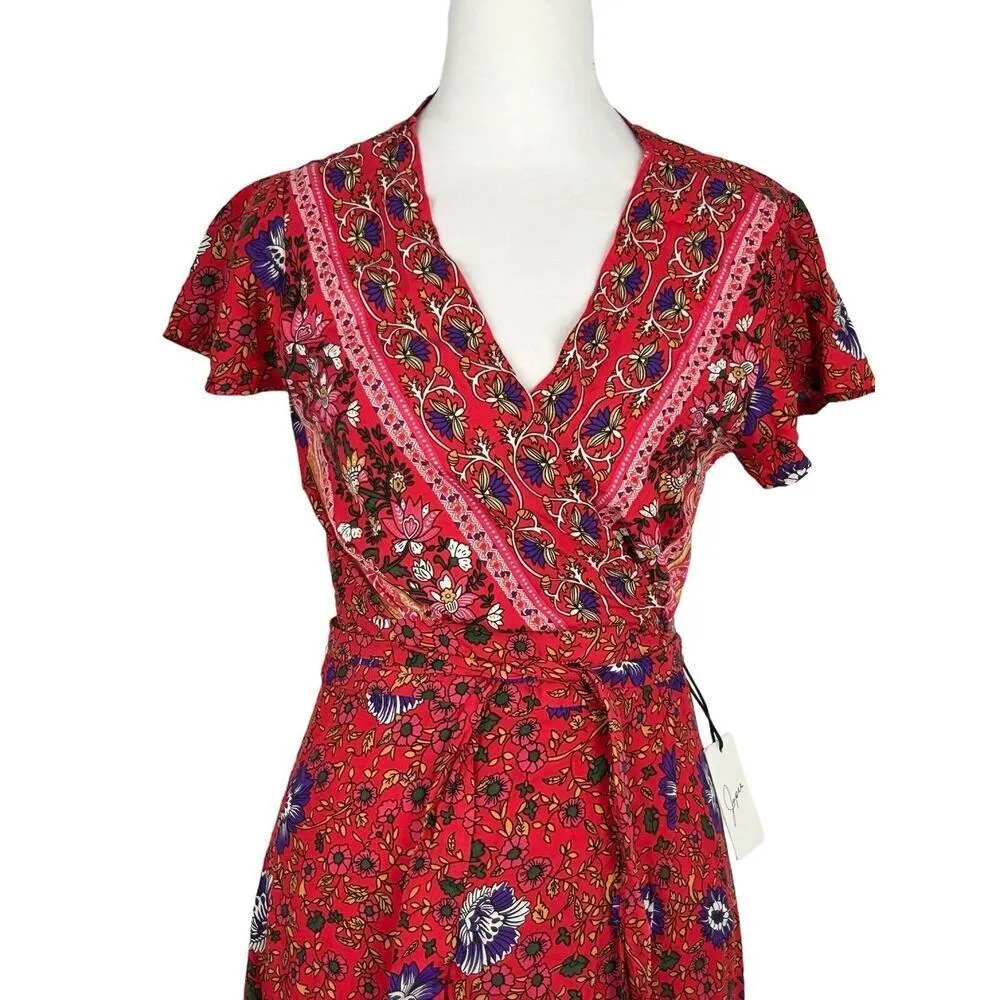 Japna Women's Size Small Wrap Skirt Sleeve Red Floral Maxi - Image 3
