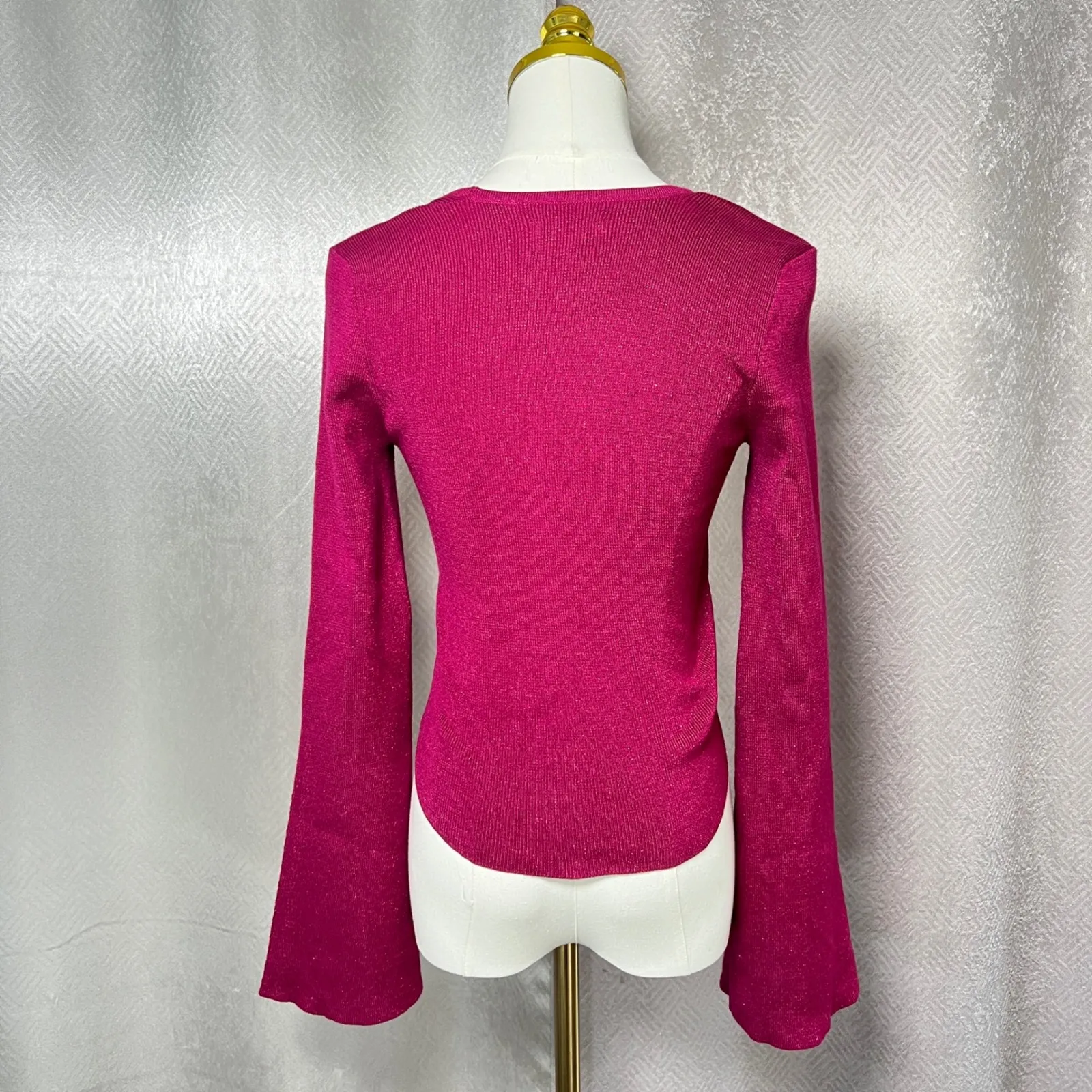 Maeve Anthropologie Sparkle Knit Square Neck Bell Sleeve Top Magenta XS Purple - Image 4