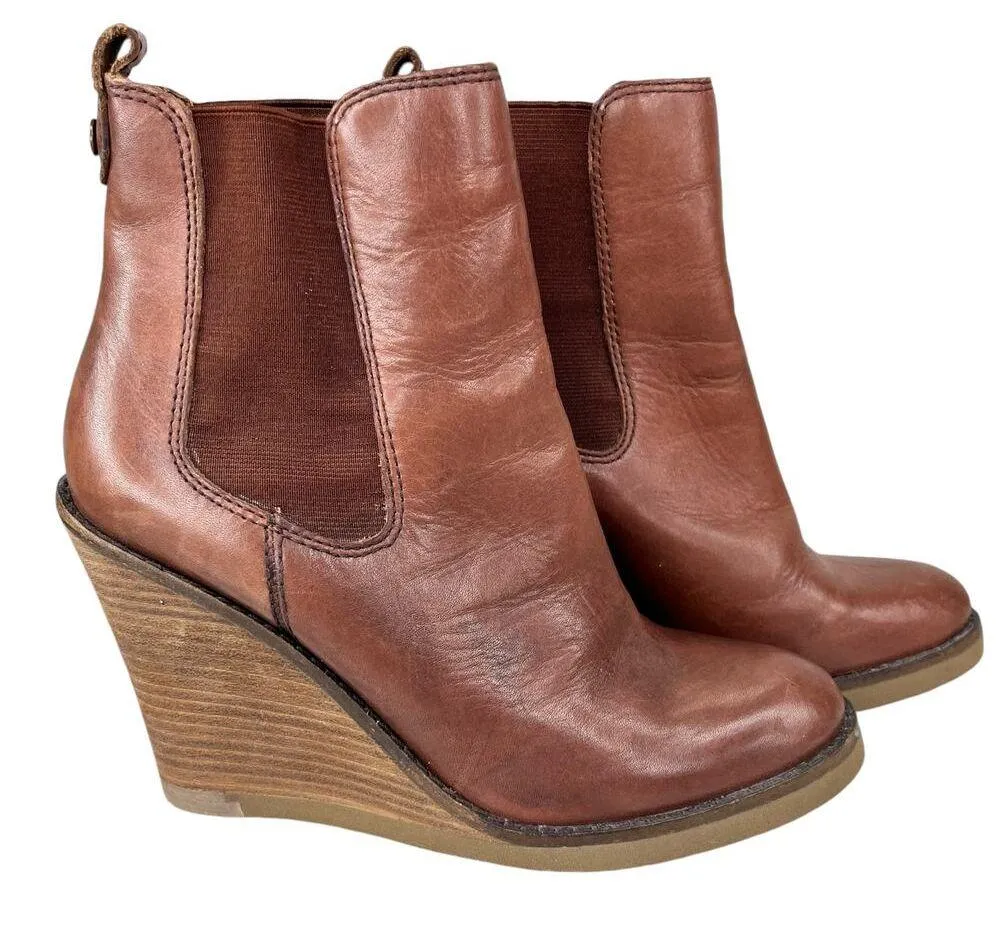 Lucky Brand Fedora Brown Leather Wedge Ankle Boots Booties 6.5 - Image 3