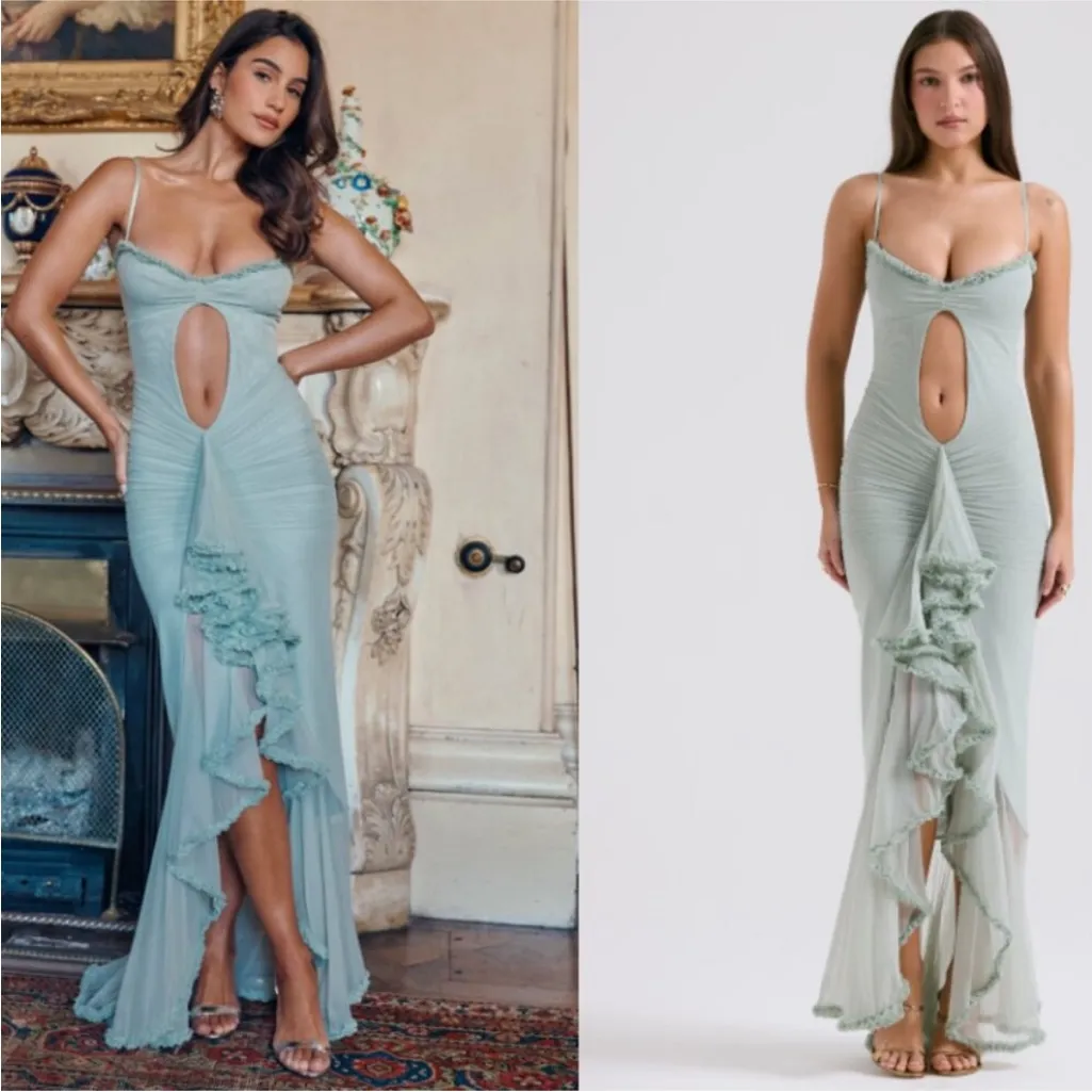 House of CB 'Gabriella' Pistachio Ruffled Keyhole Front Gown NWOT‎ size L - Image 2