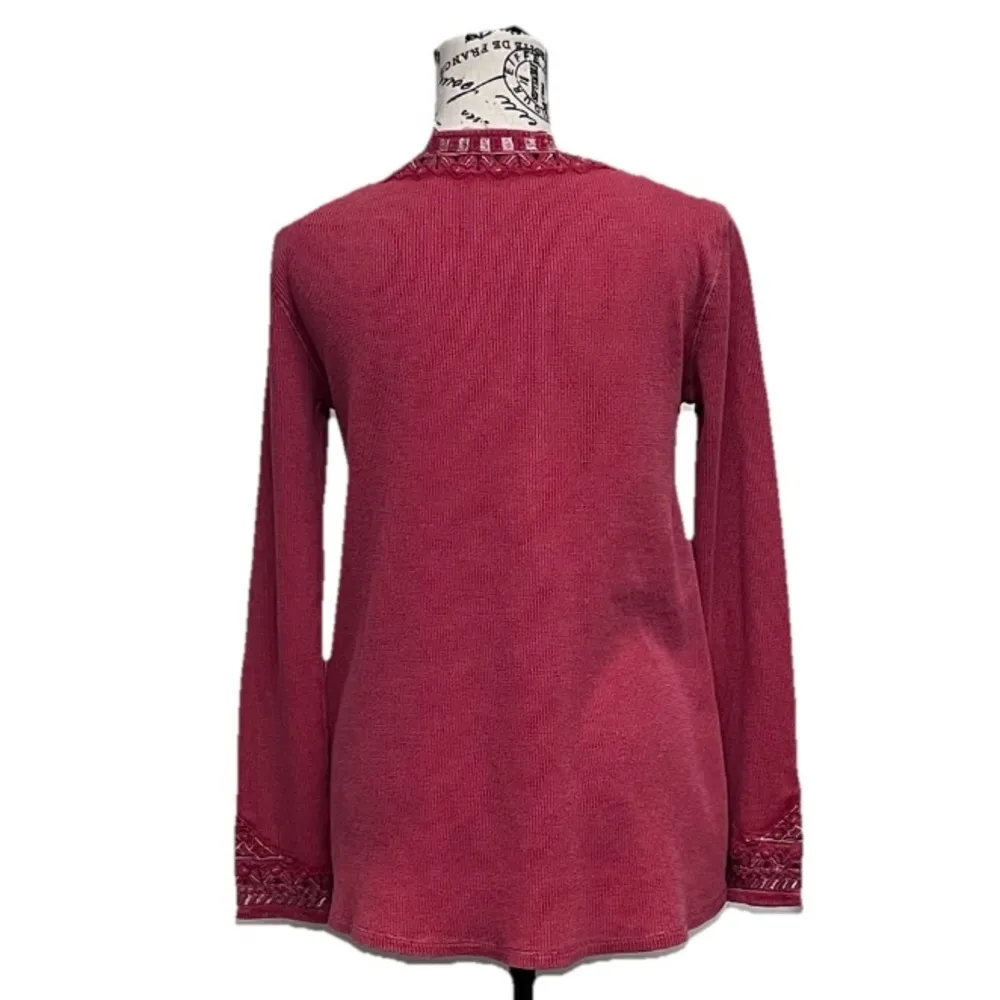 Soft Surroundings Pink Waffle Thermal Embroidered Boho Top PXS Coastal Hippie - Image 5