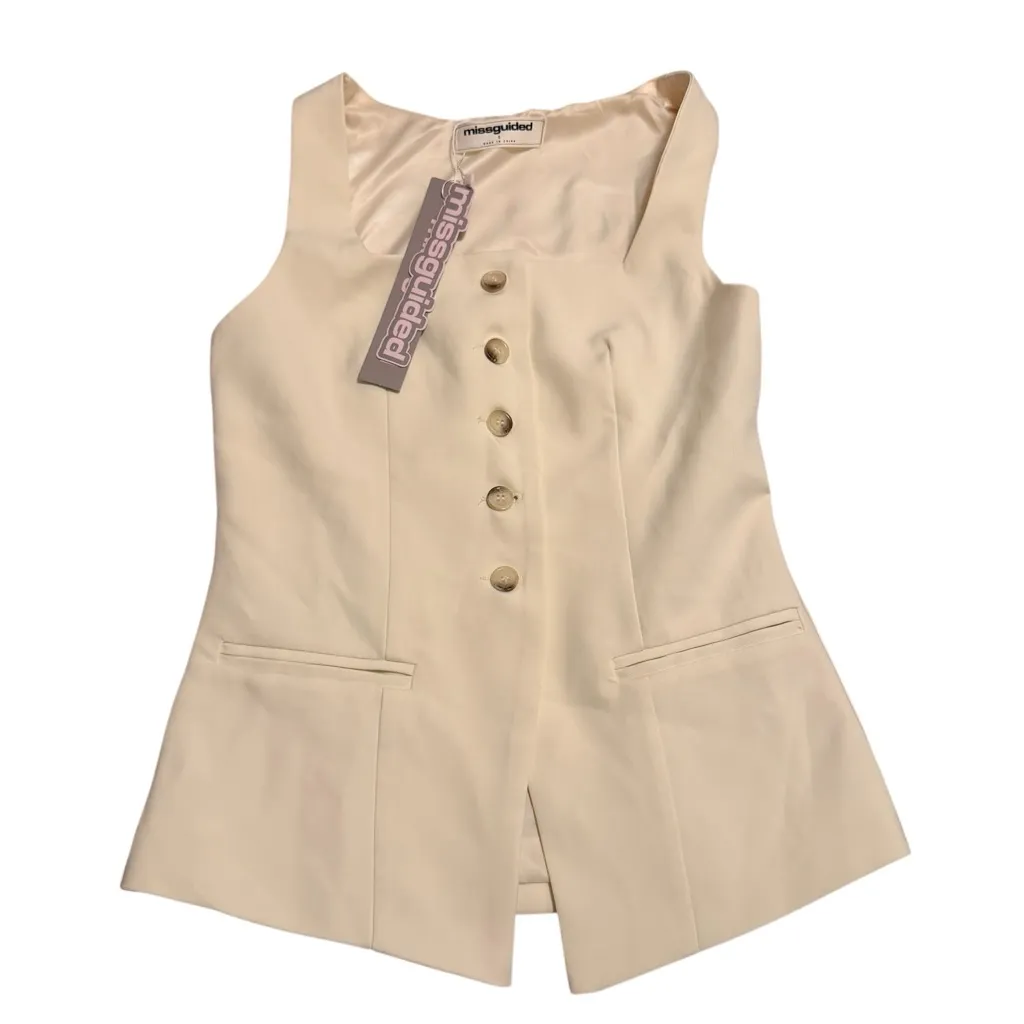 Misguided Size S Sleeveless Vest & Mini Skirt 2PC Set Cream Beige Preppy NWT - Image 3