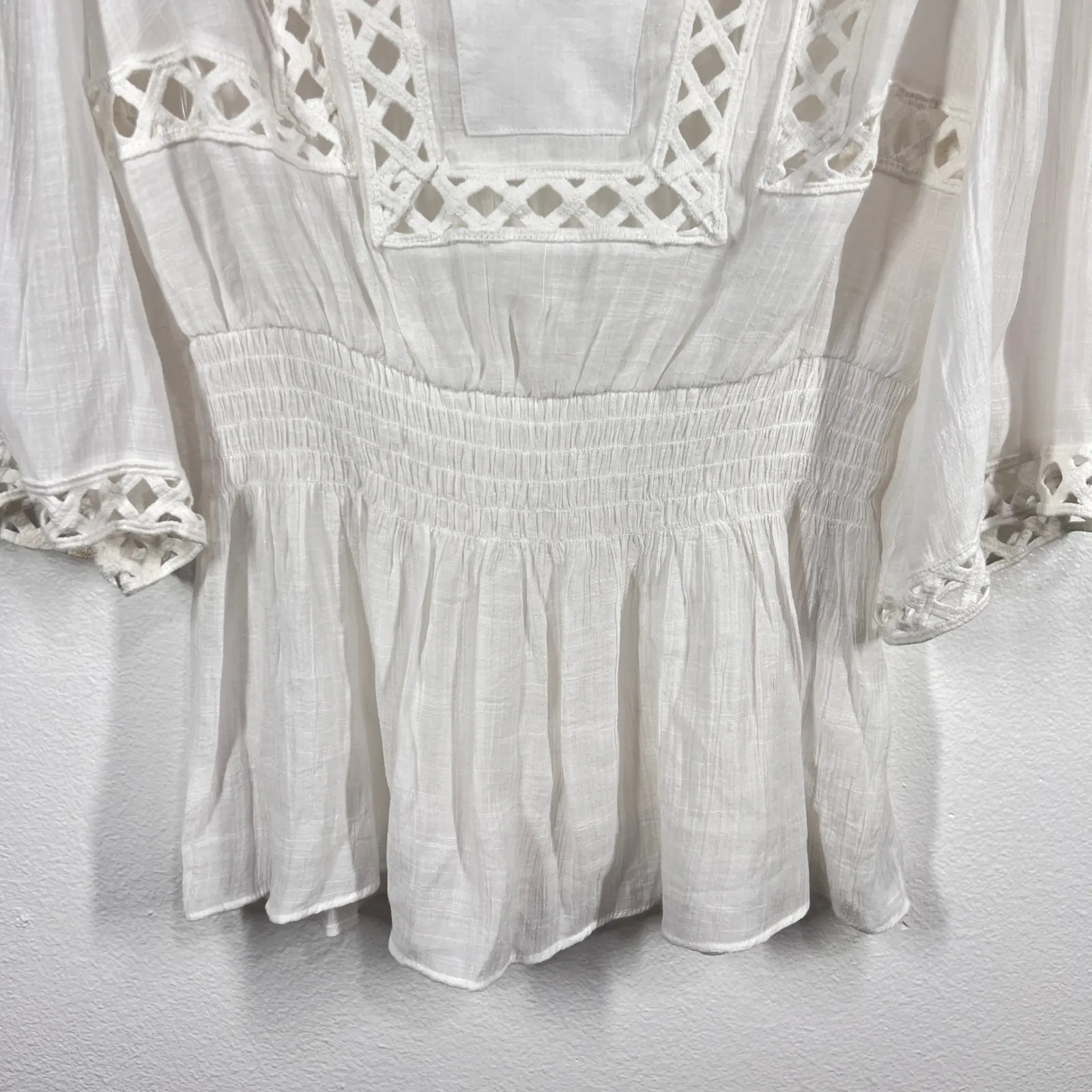 Alfani White Peasant Blouse Crochet Trim 3/4 Sleeve Top Size Small Coastal Beach - Image 6