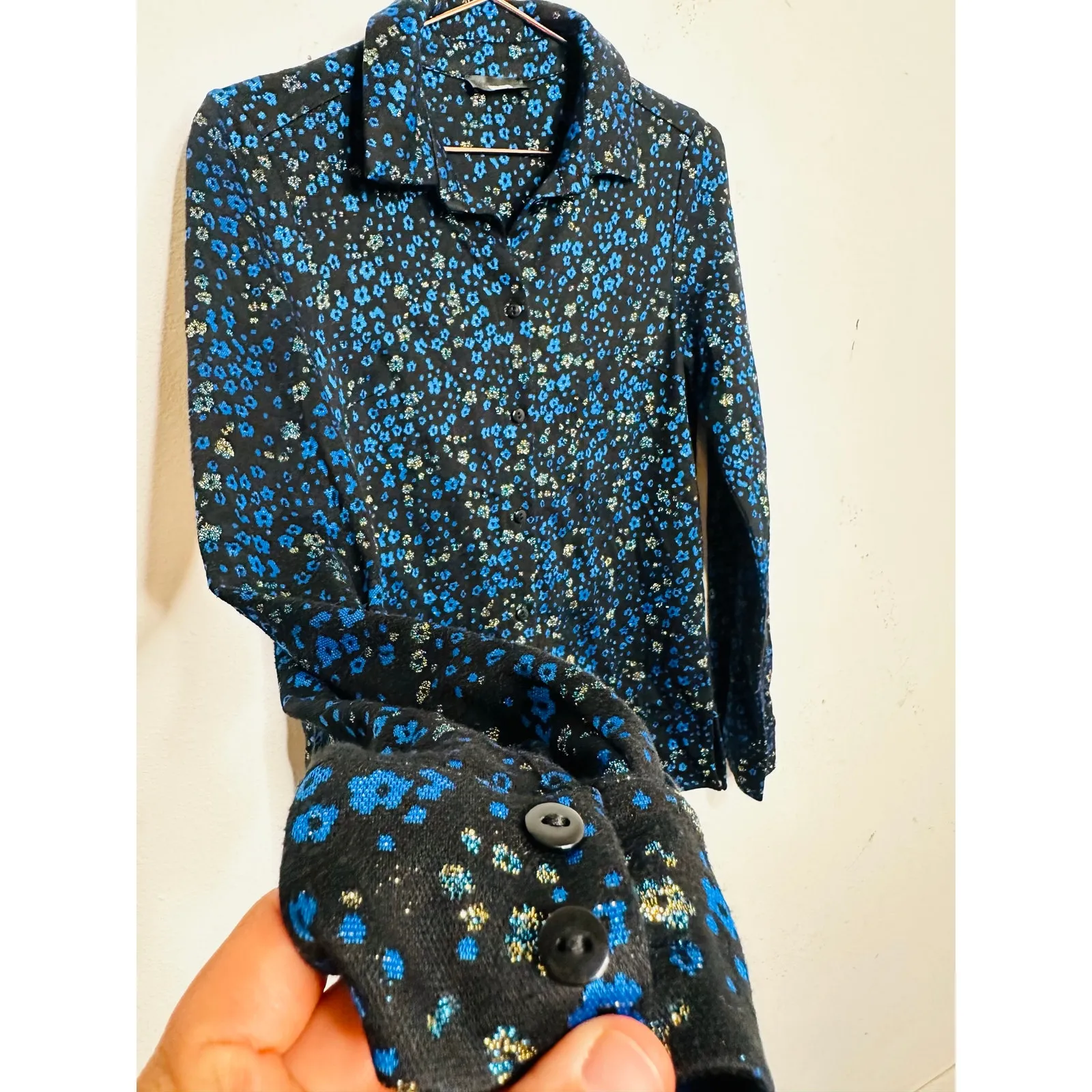 STINE GOYA Black Blue Metallic Button Front Floral Lucian Long Sleeve Top sz XS - Image 13