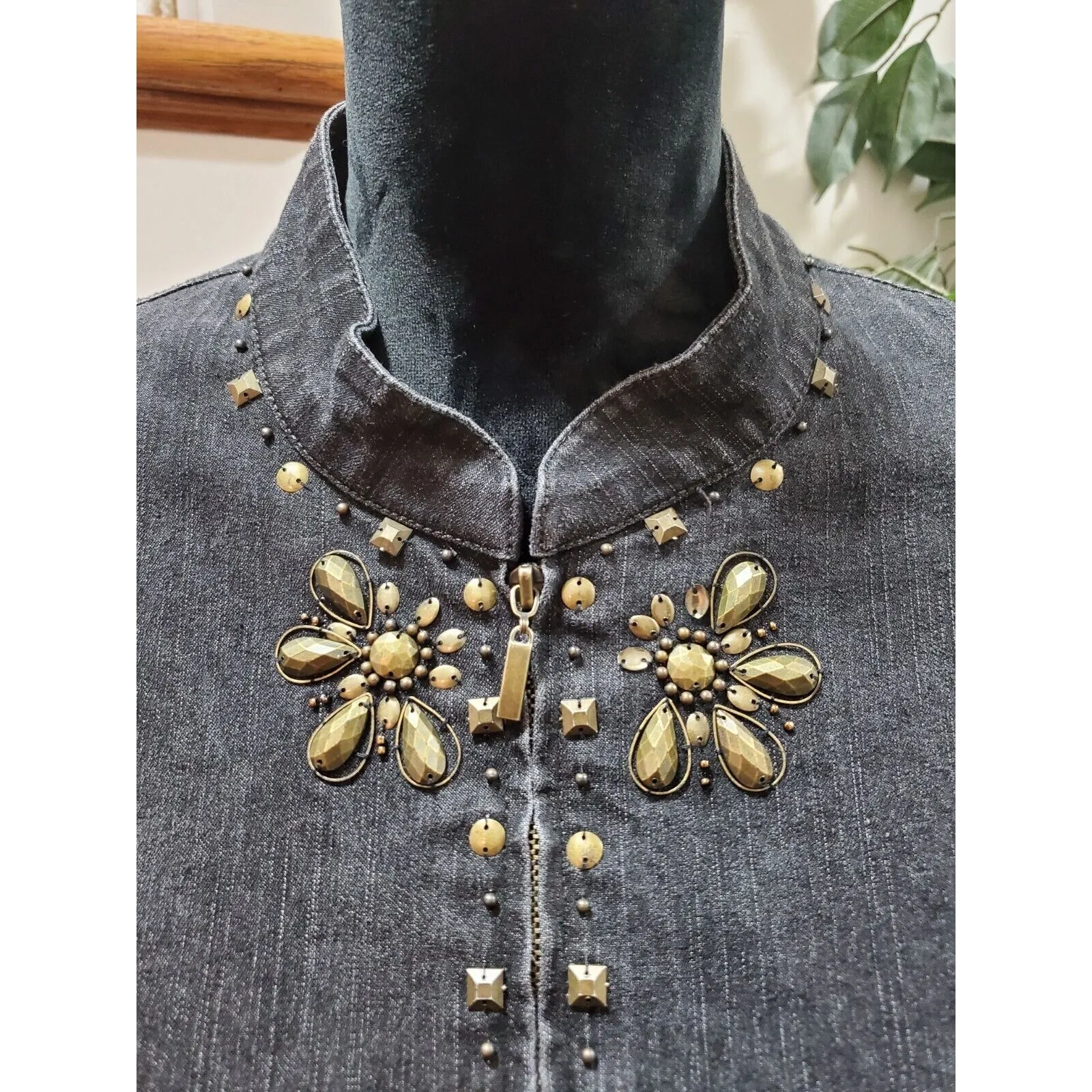 Alfred Dunner Women Gray Denim Ramie Long Sleeve Full Zip Casual Jacket Size 16W - Image 3