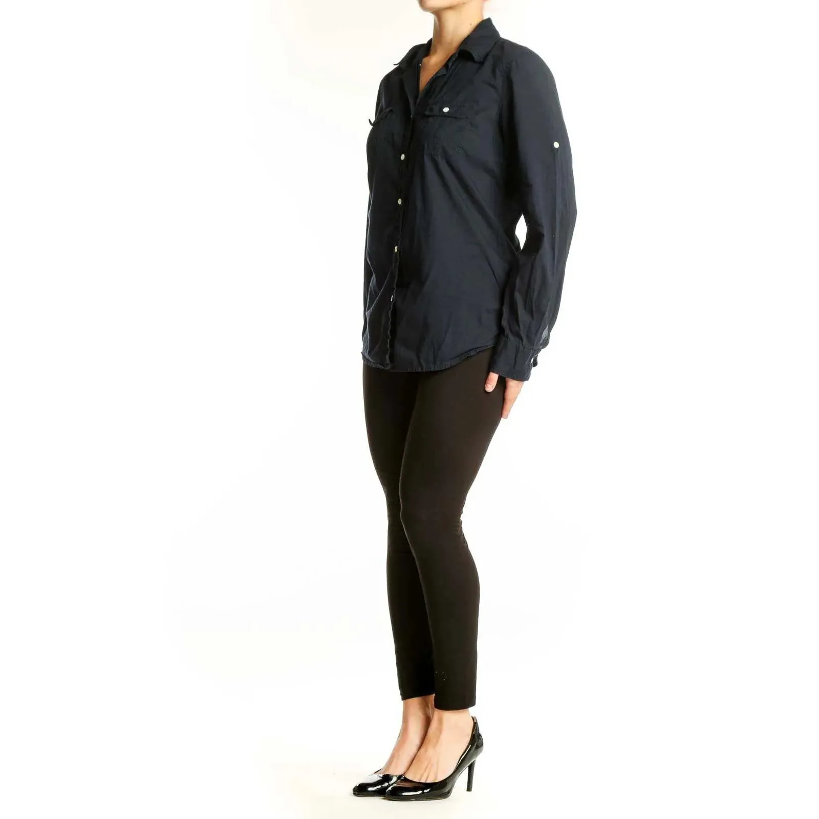 J Crew Navy Cotton Button Up Shirt Long Sleeve Collared Pocket Womens - Image 3