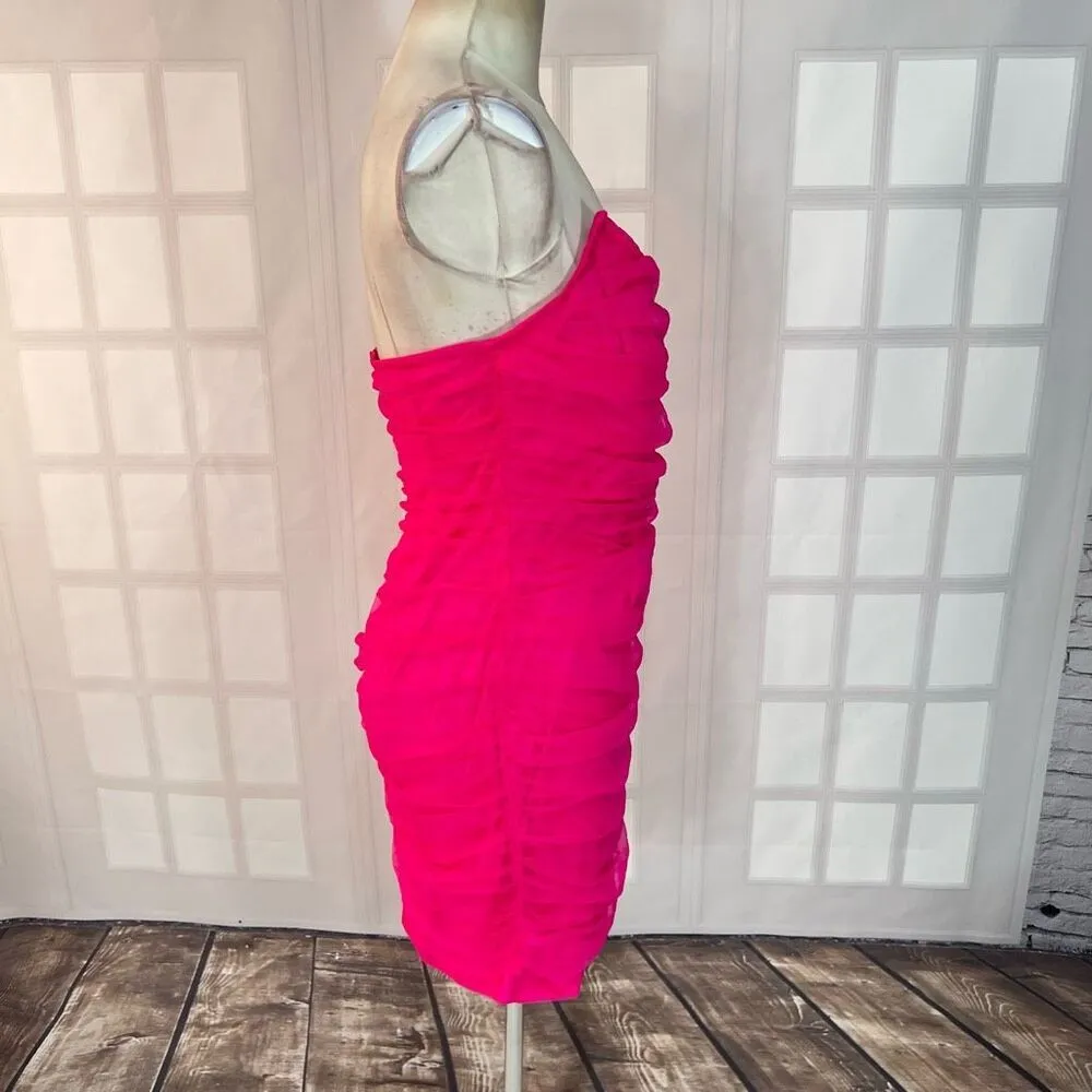 Prettylittlething Hot Pink Mesh Corset Detail Ruched Bodycon Dress Size 12 - Image 6