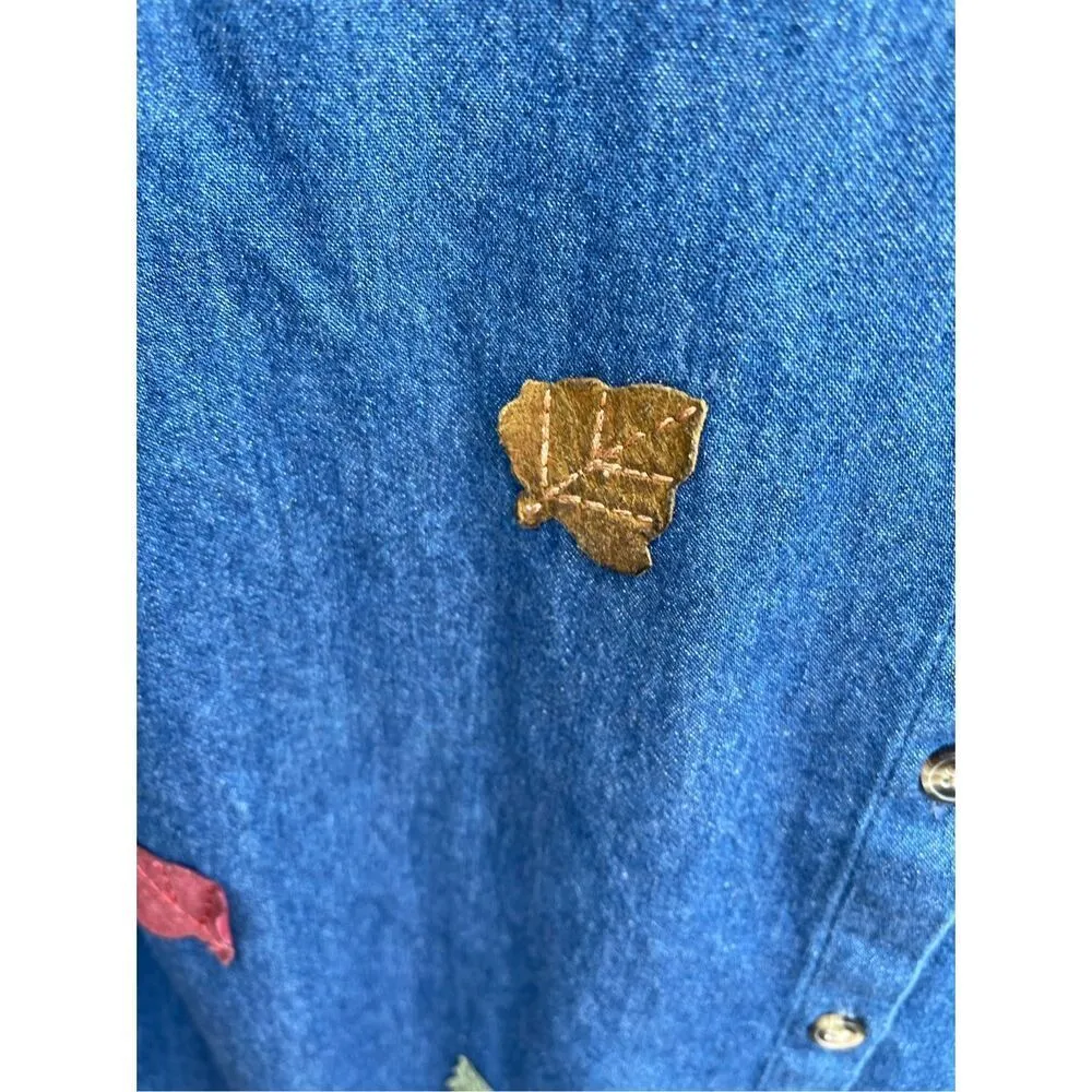 Vintage LG size M oversized denim button down suede tunic leaves Blue Size M - Image 8
