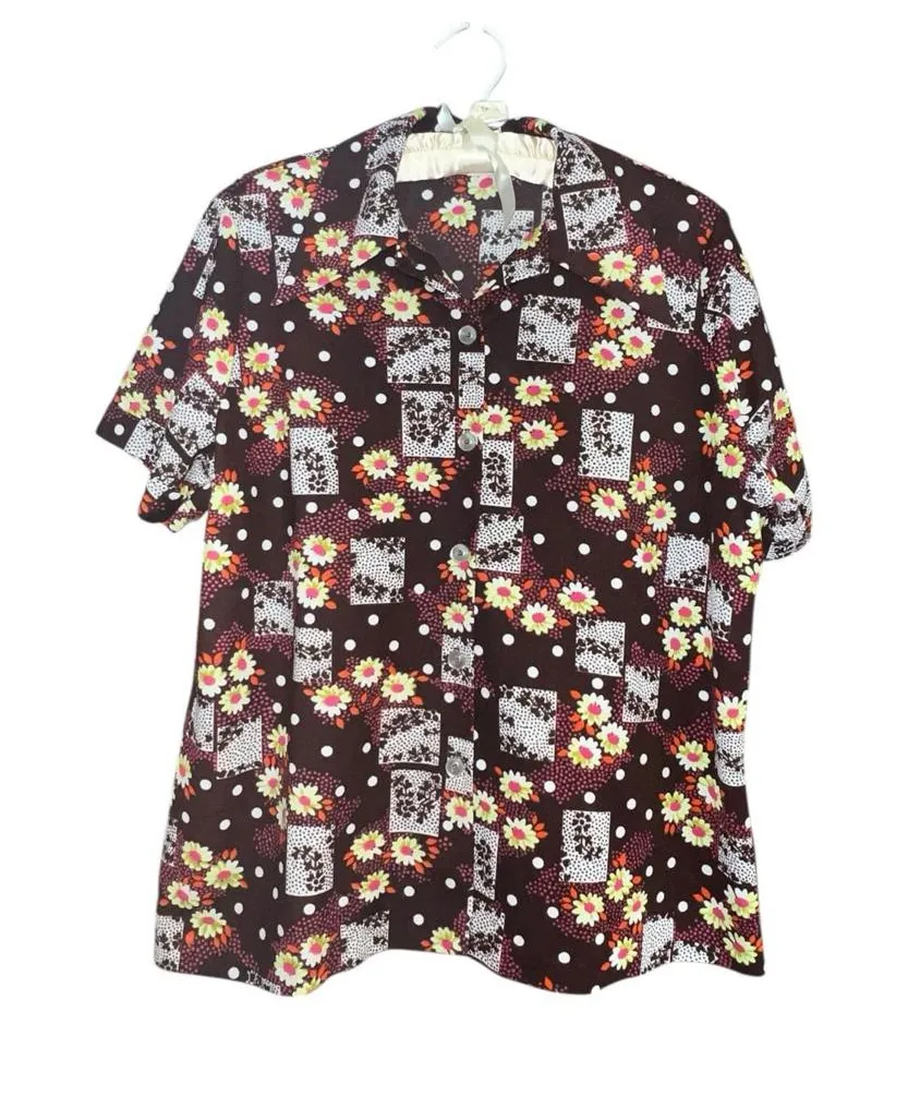 Vintage 70s Floral Short Sleeve Double Knit Polyester Grannycore Shirt 22” Chest Brown Size L - Image 1