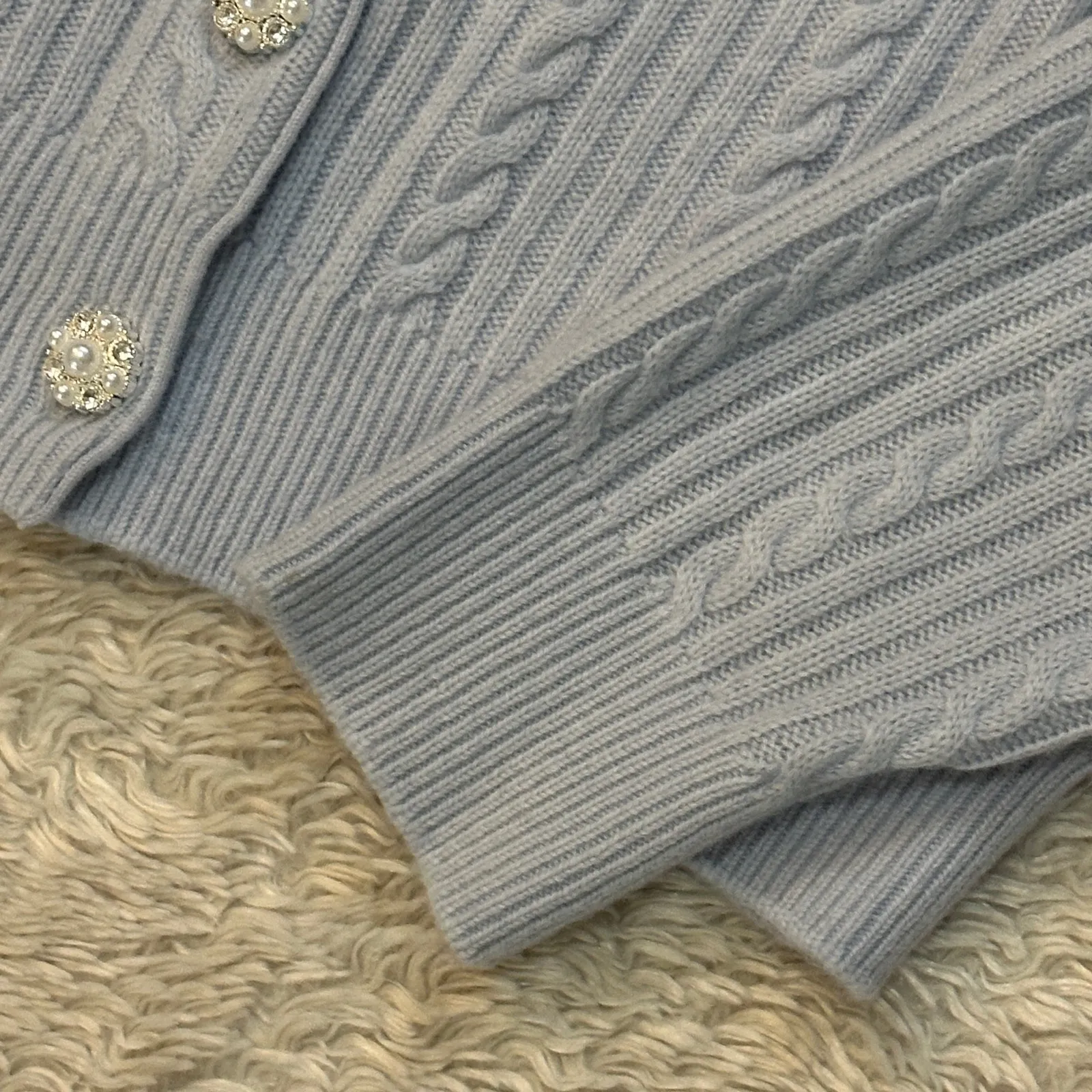 Maje Sz 3 US L Wool Cashmere Baby Blue Cable Knit Button Up Cardigan Sweater - Image 9