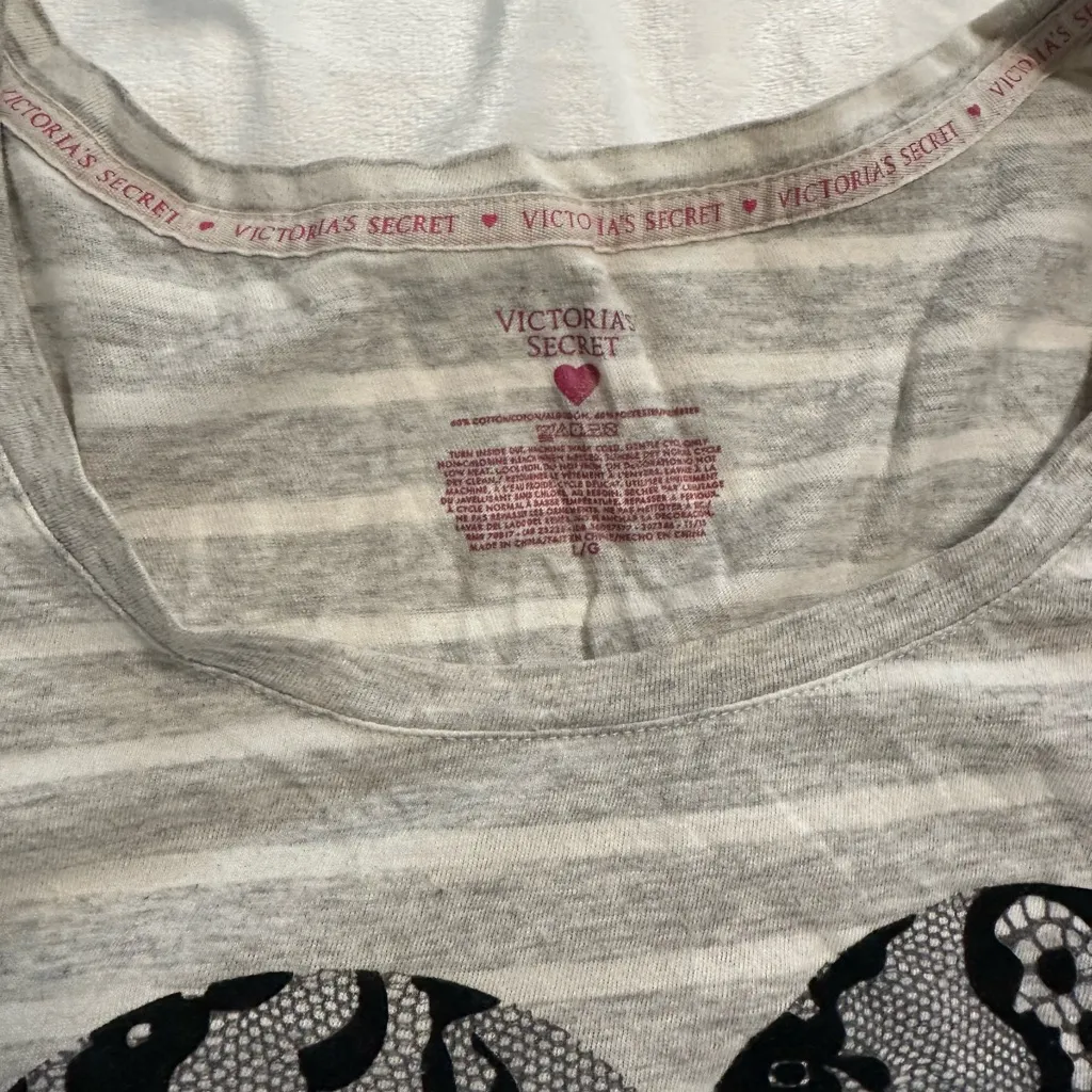 Victoria's Secret Gray Striped Long Sleeve pajama dress with Lace Heart - Image 2