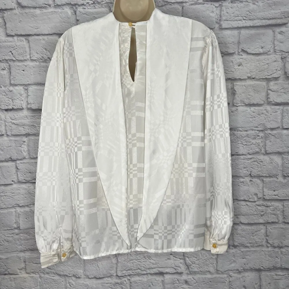 Vintage Joanna White Shiny Secretary Blouse Scarf Long Sleeve Size M Checkered Size M - Image 4